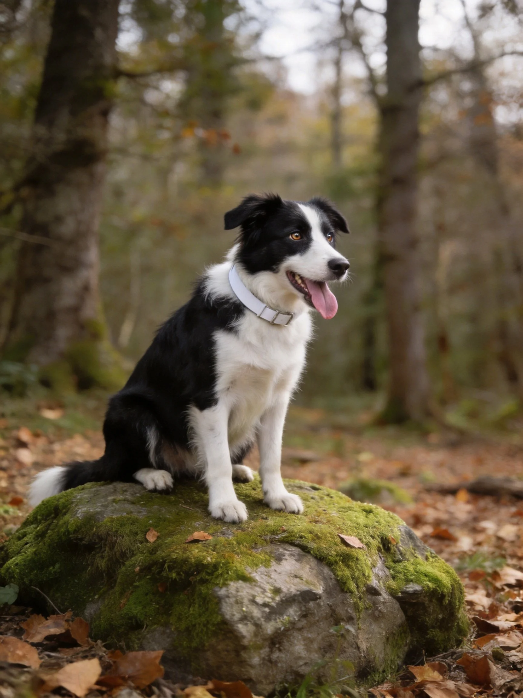 A black and white dog sits on a mossy rock in a forest