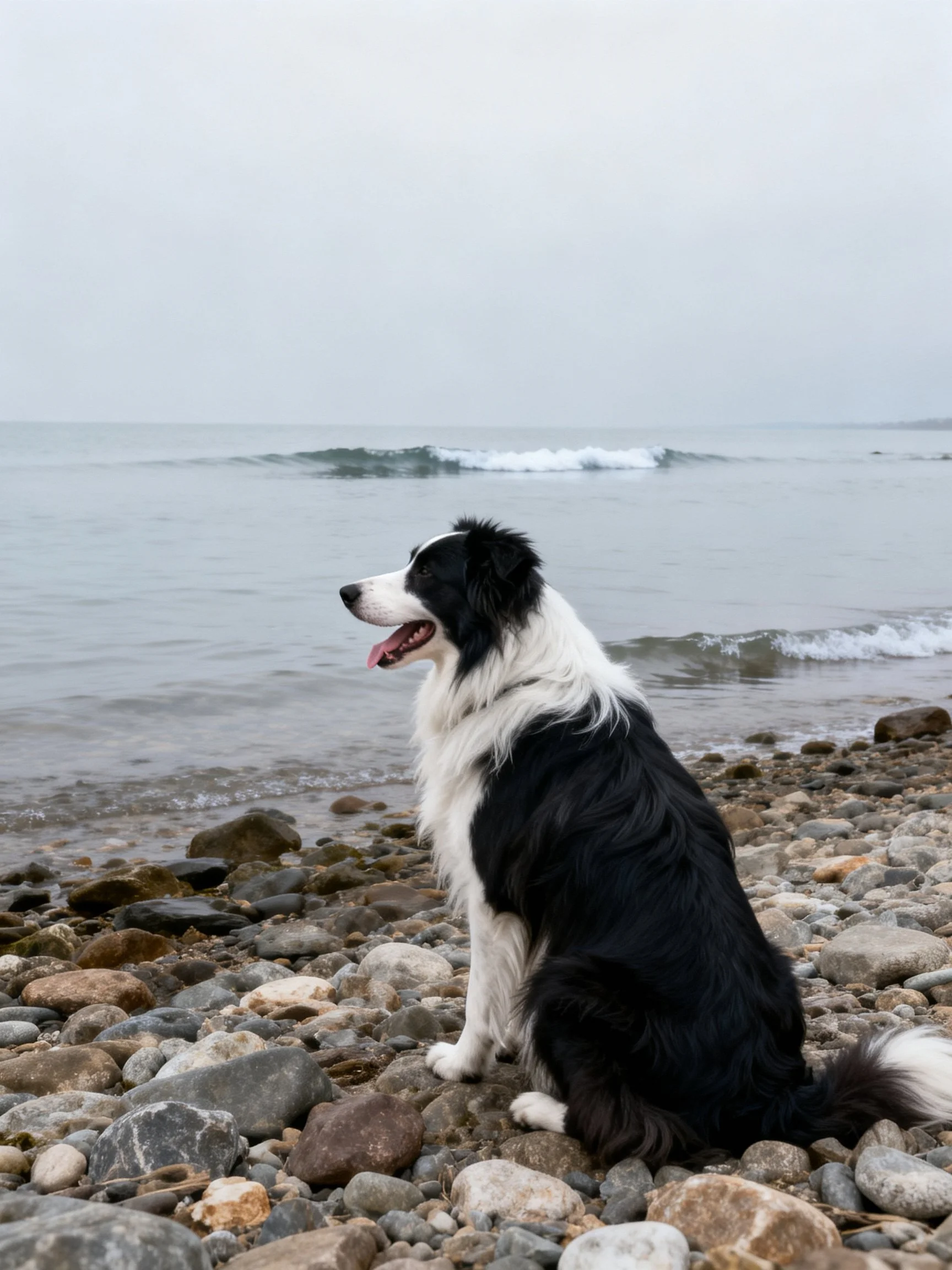 A black and white dog sits on a pebbly shore by calm waters
