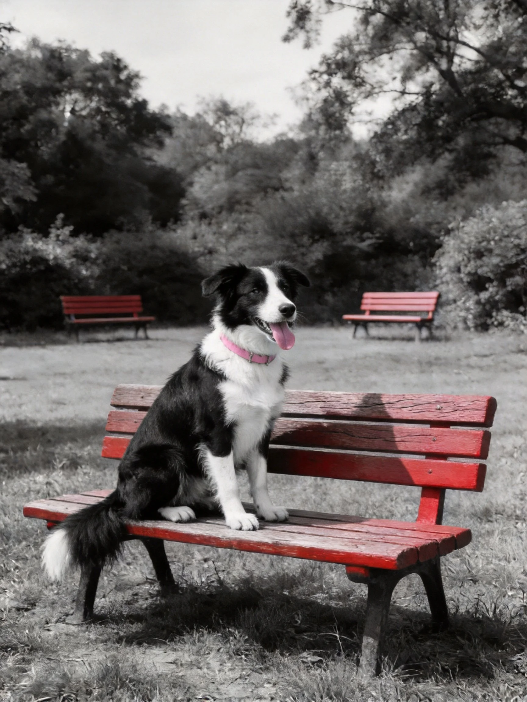 A black and white dog sits on a red bench in a park with additional red benches