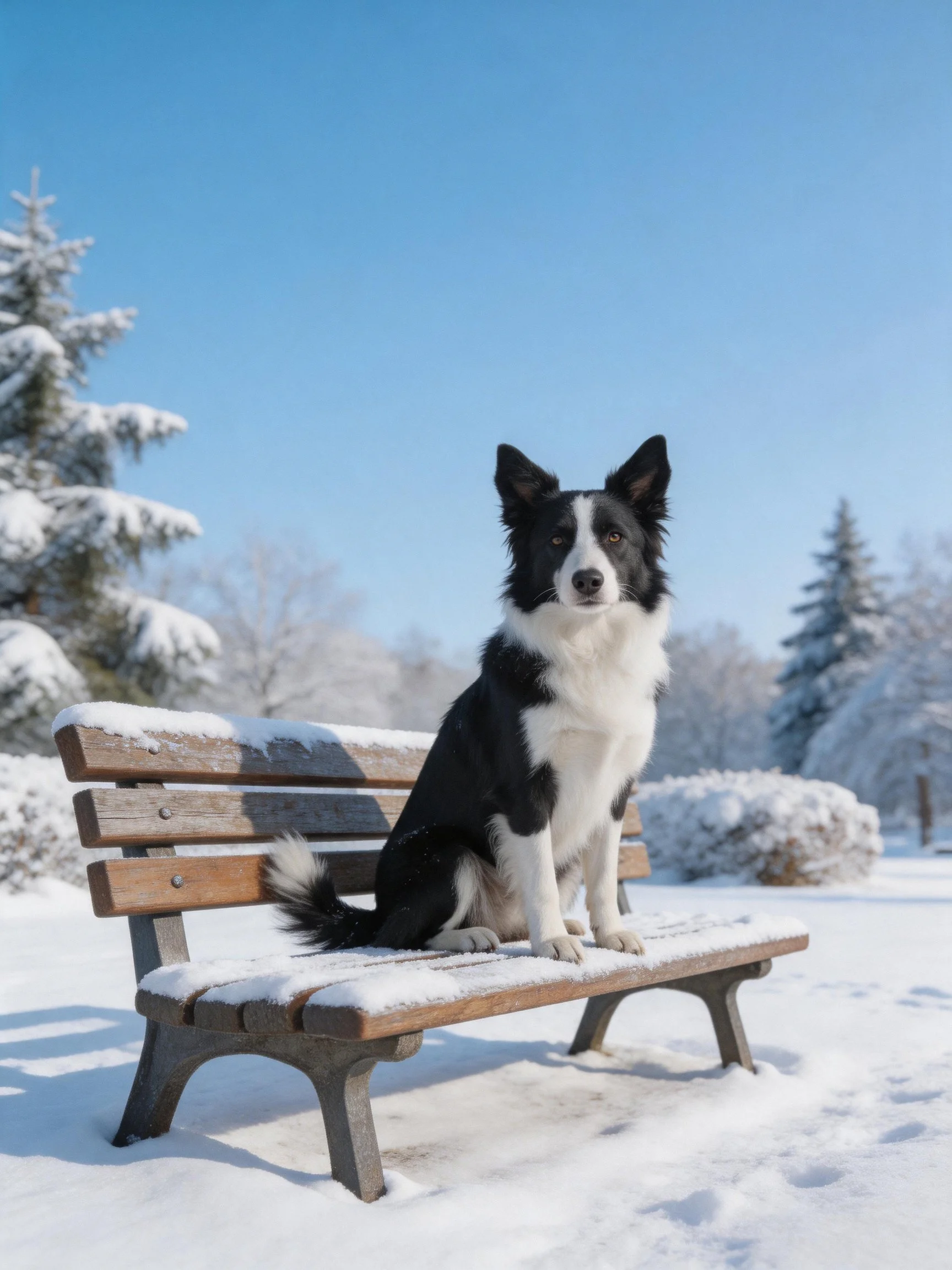 A black and white dog sits on a snow-dusted wooden bench in a winter park