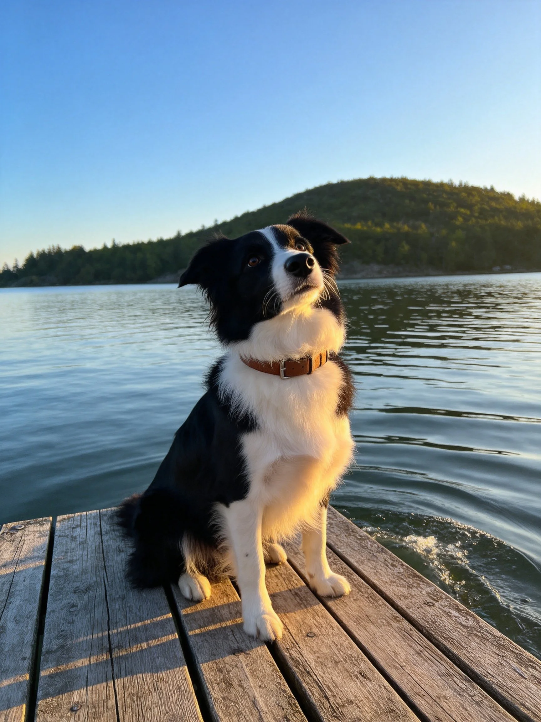 A black and white dog sits on a weathered wooden dock by calm waters