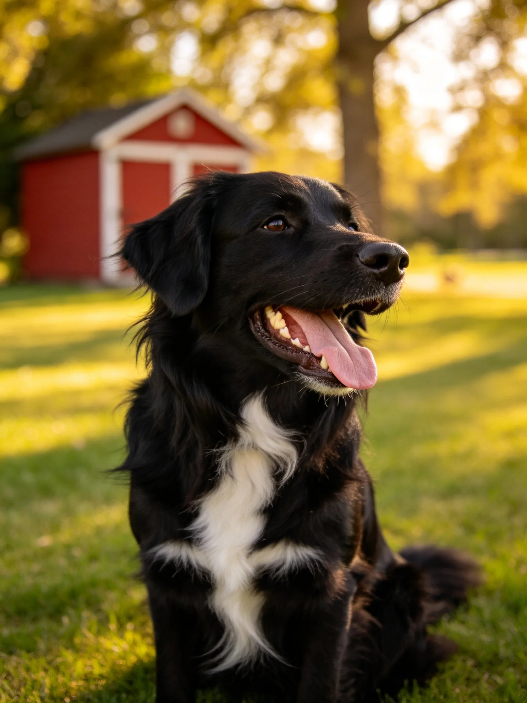 A black and white dog rests on grass beside a red shed under warm sunlight.