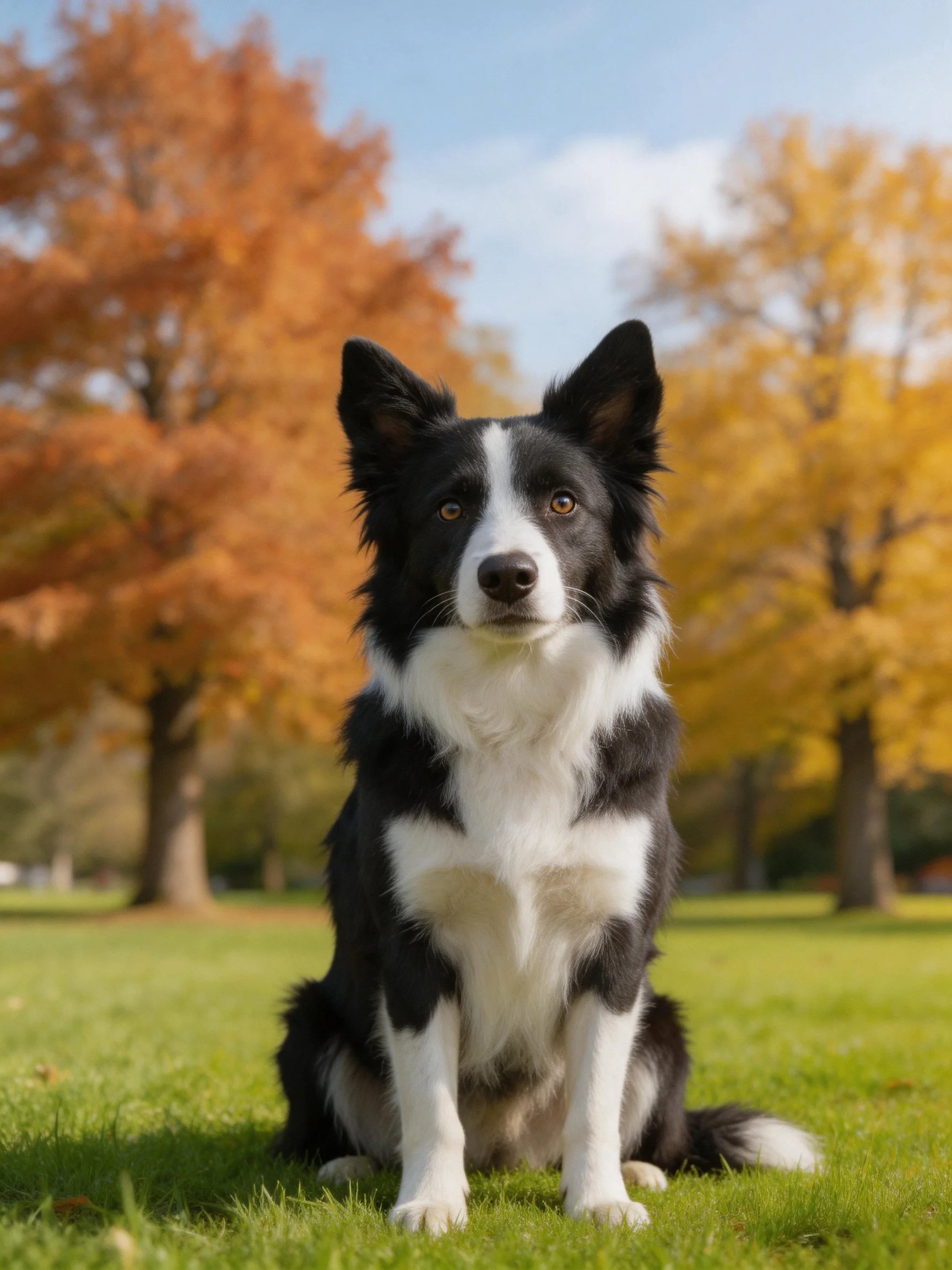 A black and white dog sits on grass with colorful fall trees in the background