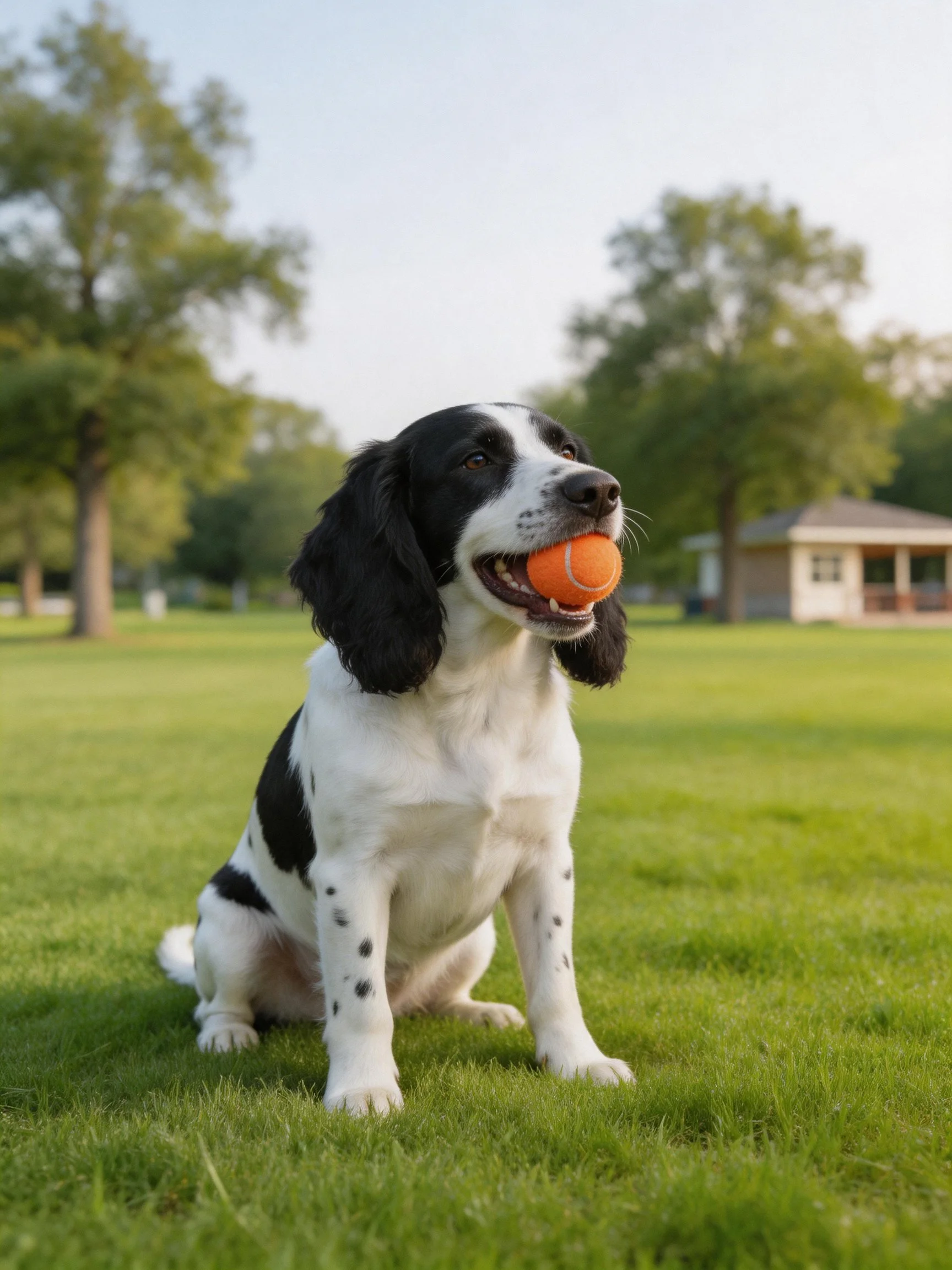 A black and white dog holds an orange ball while seated on grass in a park setting.