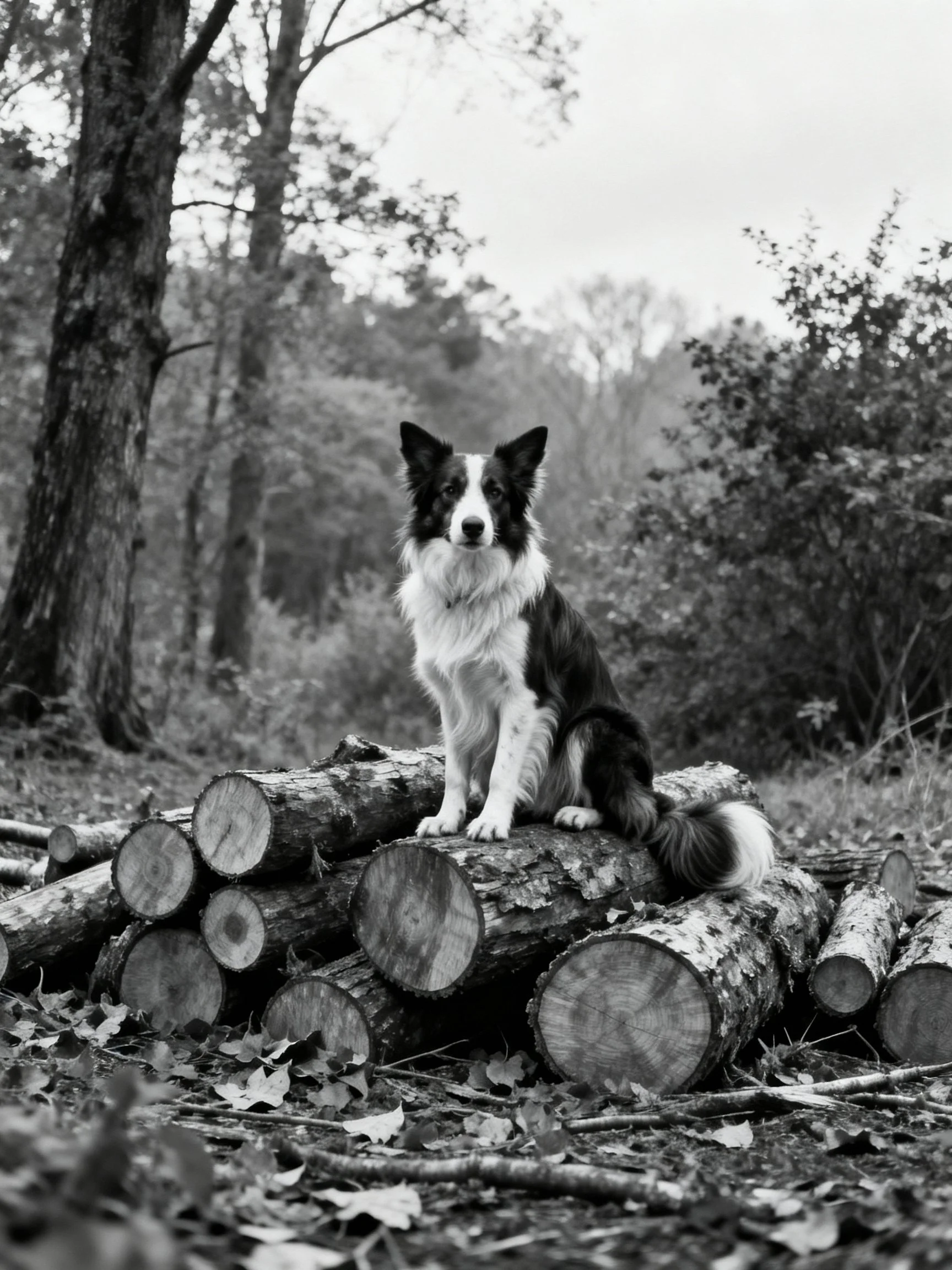 A dog sits on logs in a wooded environment.