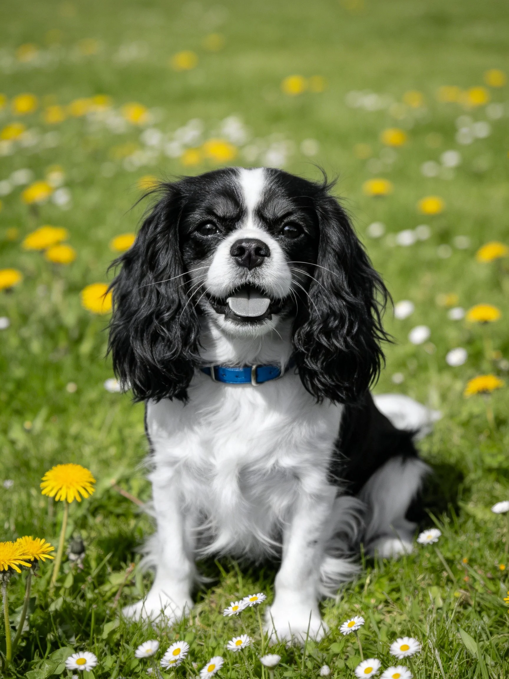 A black and white dog sitting among green grass and yellow dandelions
