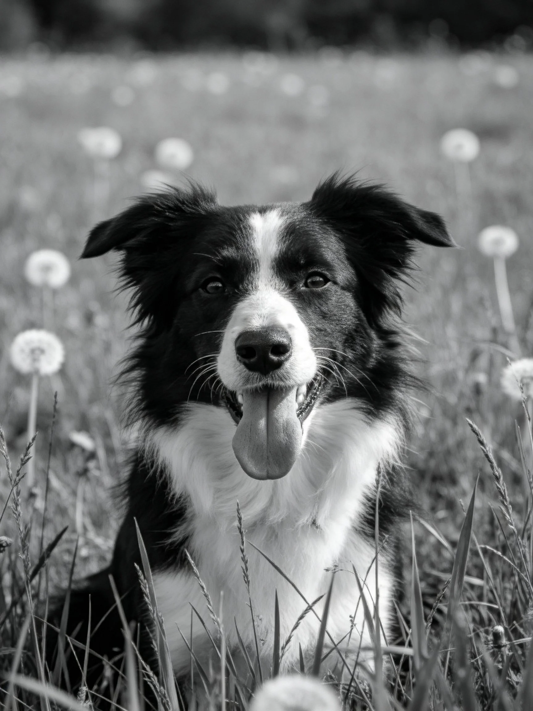 A black and white dog relaxes in a field with dandelions.