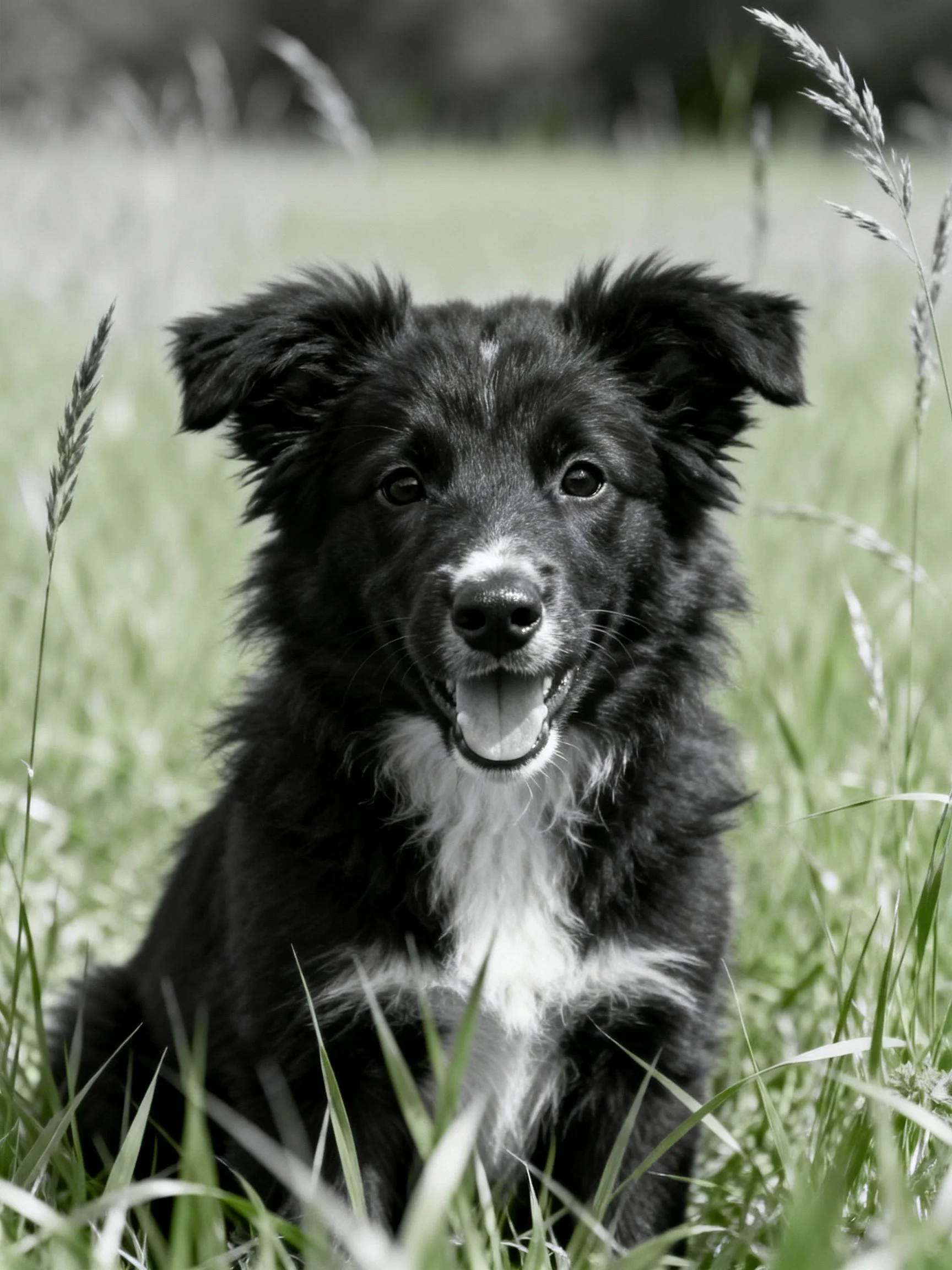 A black and white dog sitting among tall green grass