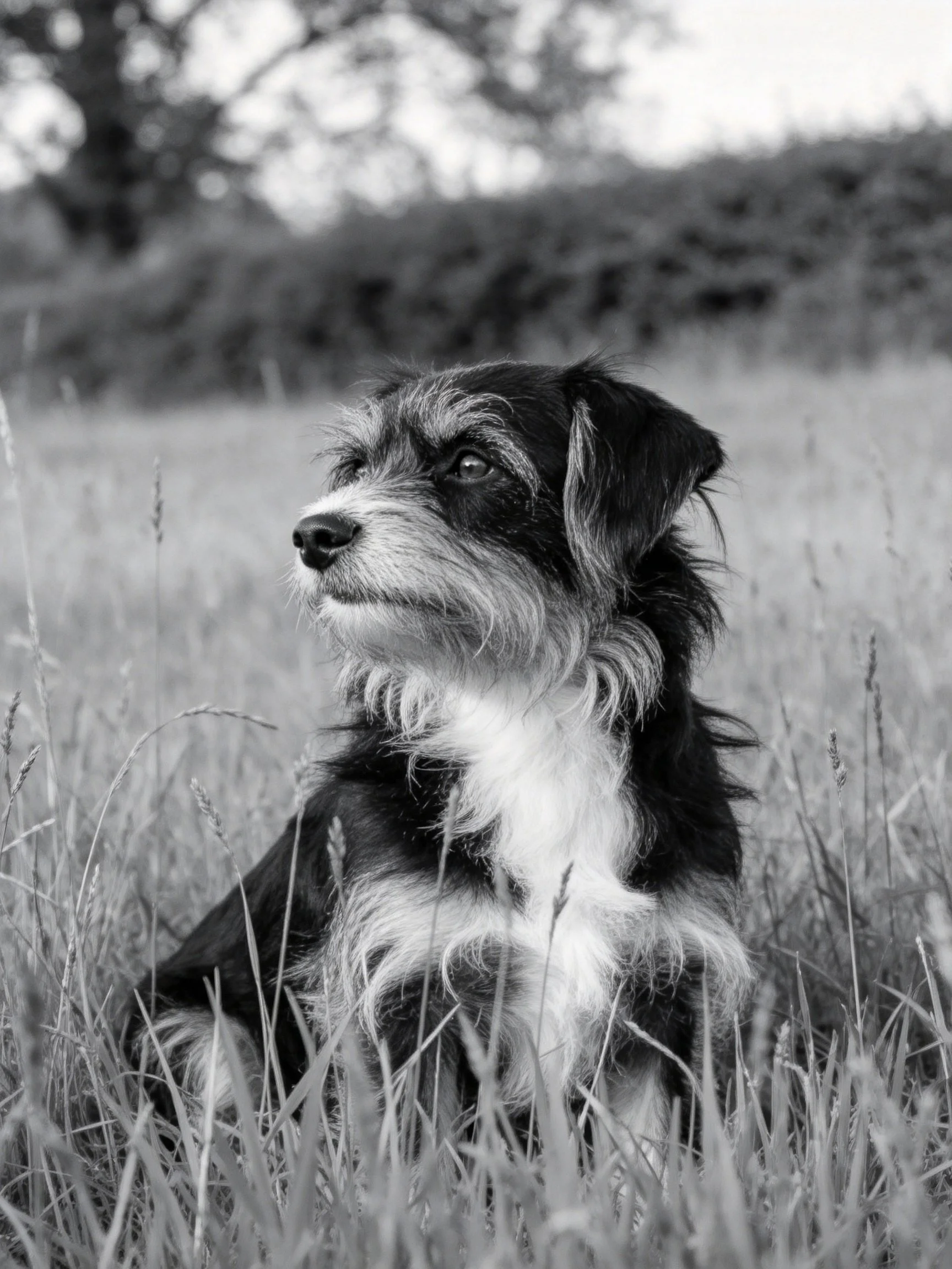 A black and white dog sits calmly in a grassy outdoor setting.