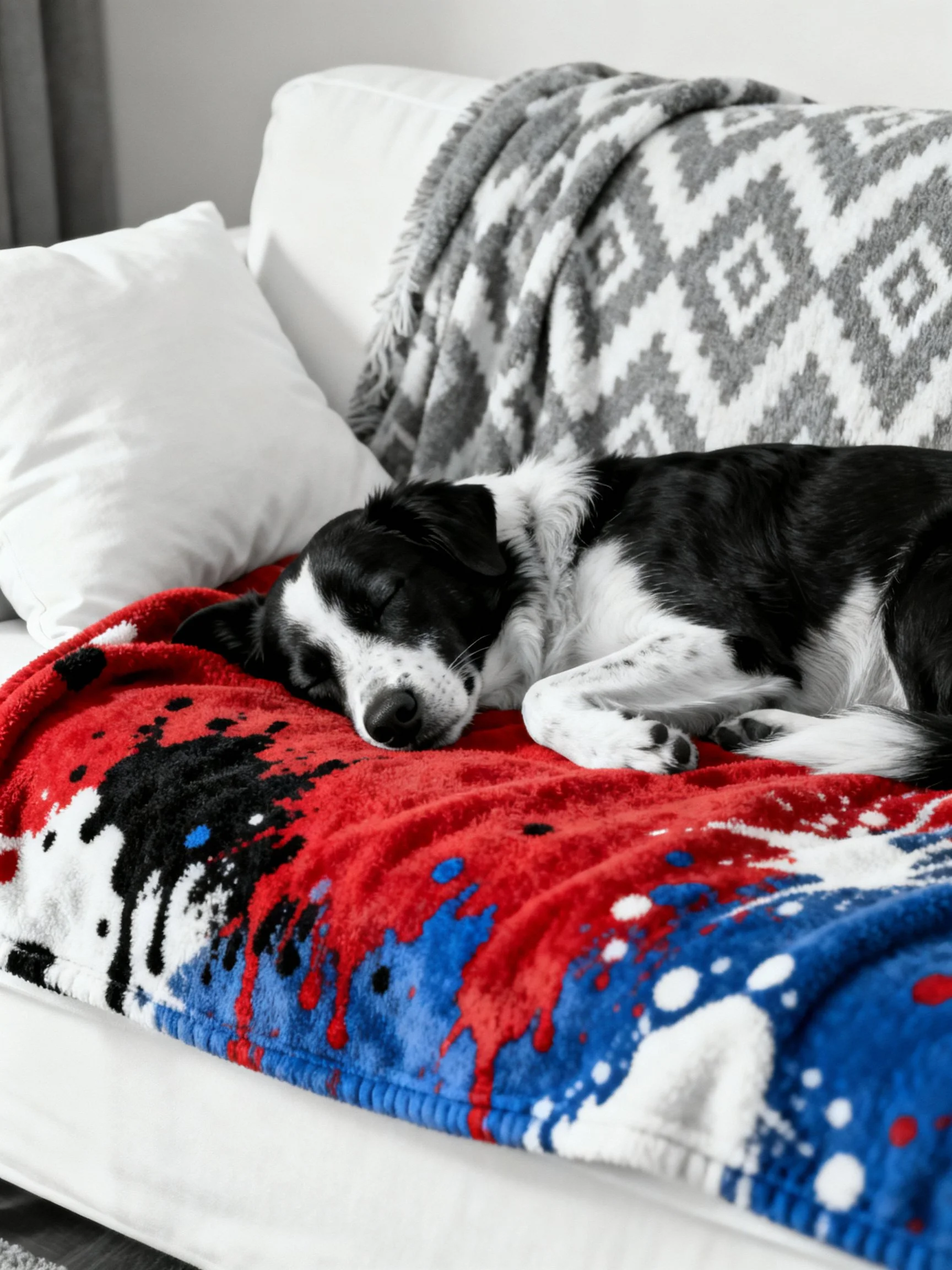 A black and white dog rests on a couch covered by colorful decorative blankets.