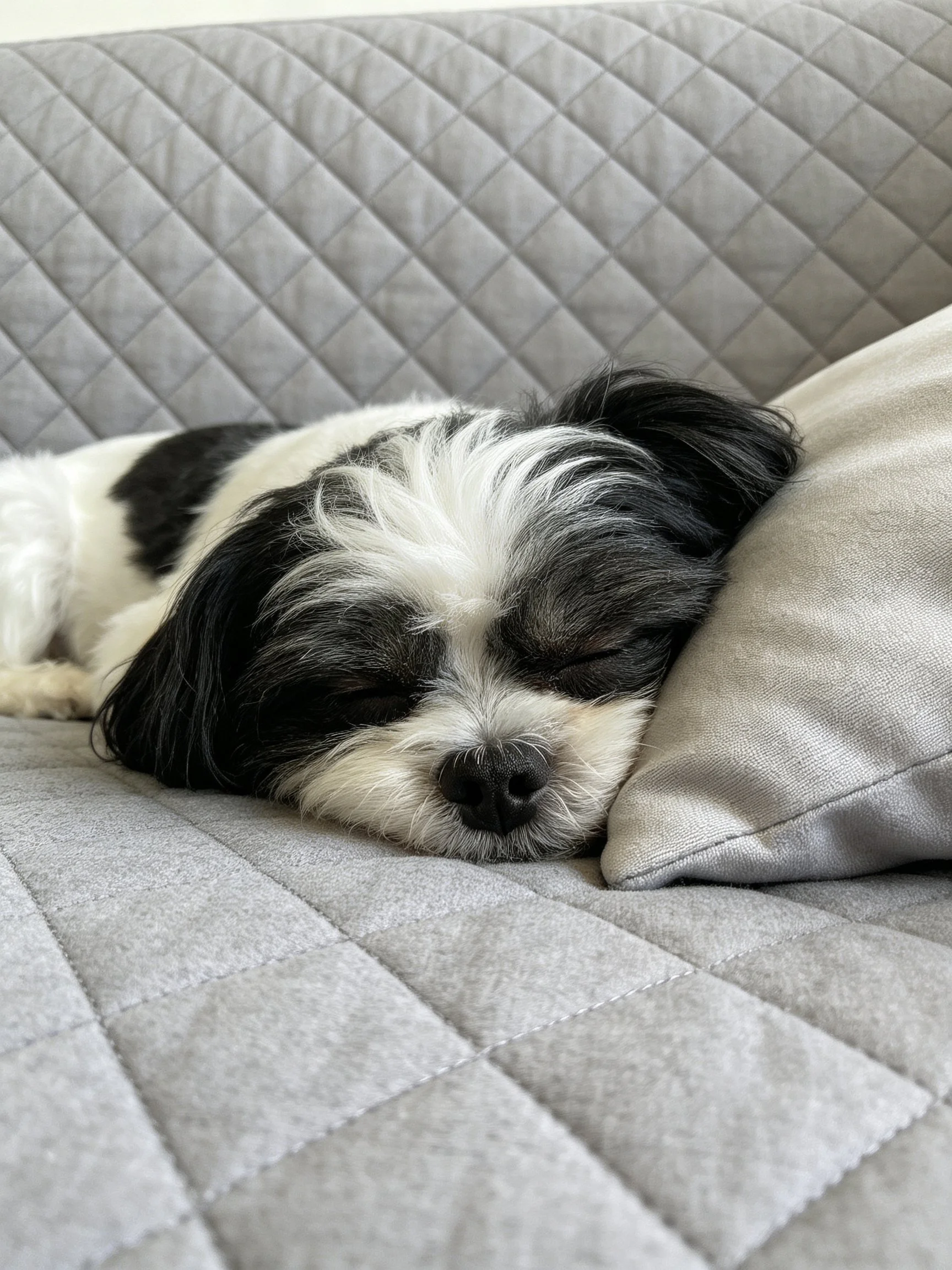 A black and white dog rests near a pillow on a gray couch