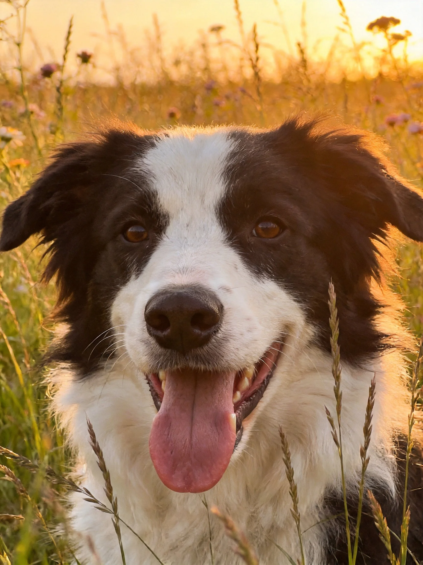 A black and white dog smiling in a golden wildflower meadow