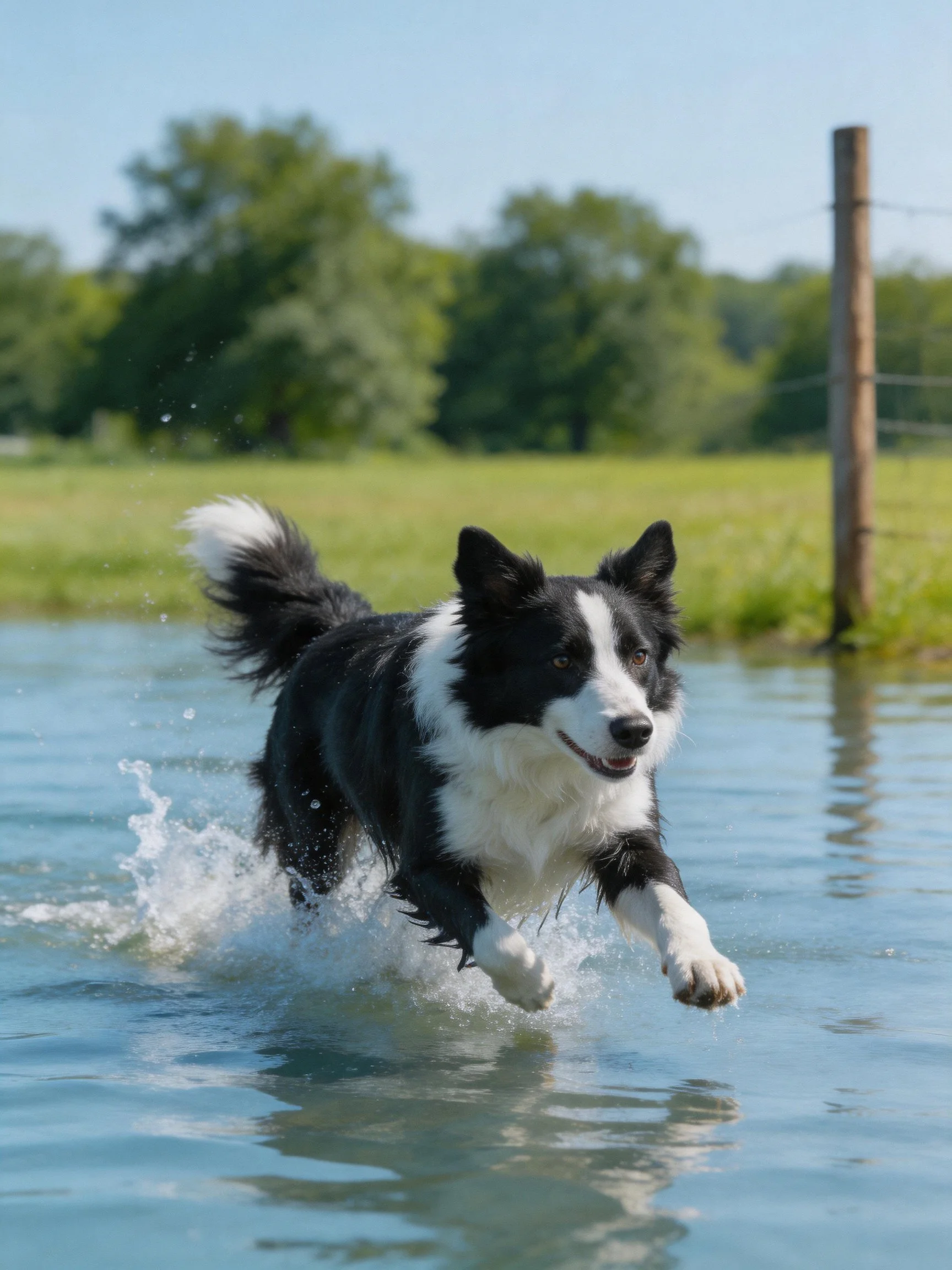 A black and white dog sprinting through shallow water