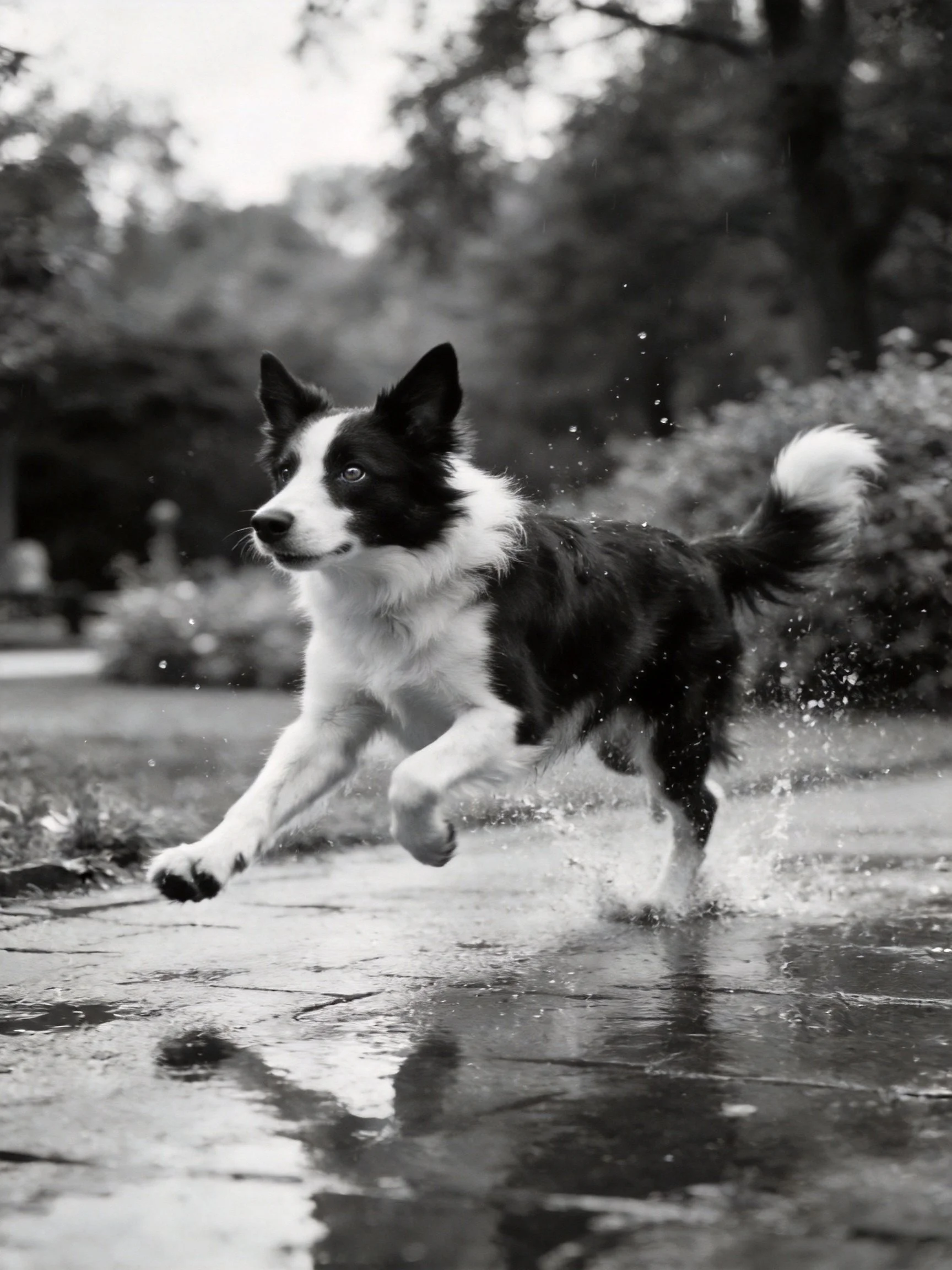 A black and white dog sprinting through splashing water on a wet path