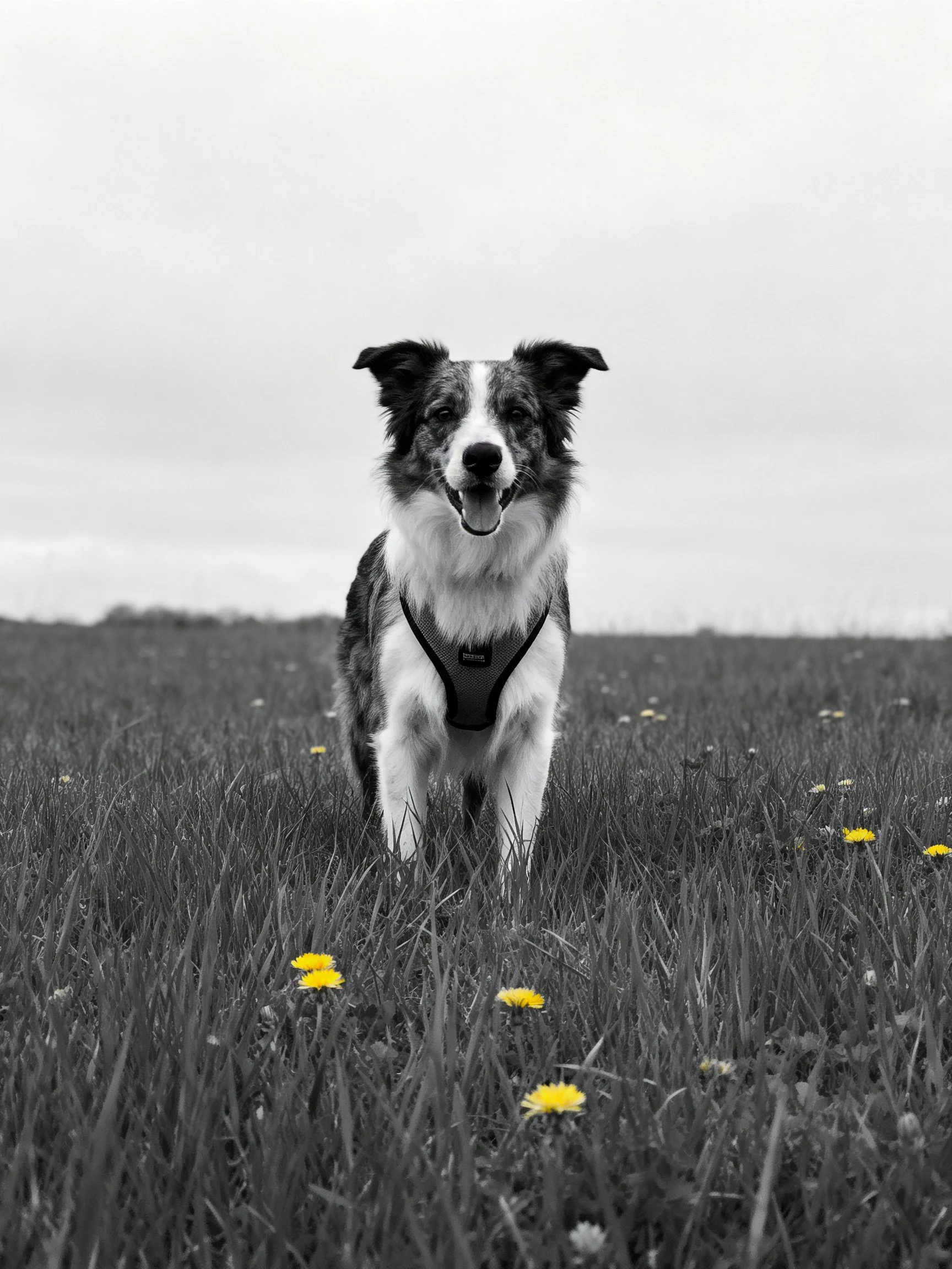 A dog stands in a grassy field with vibrant yellow flowers.