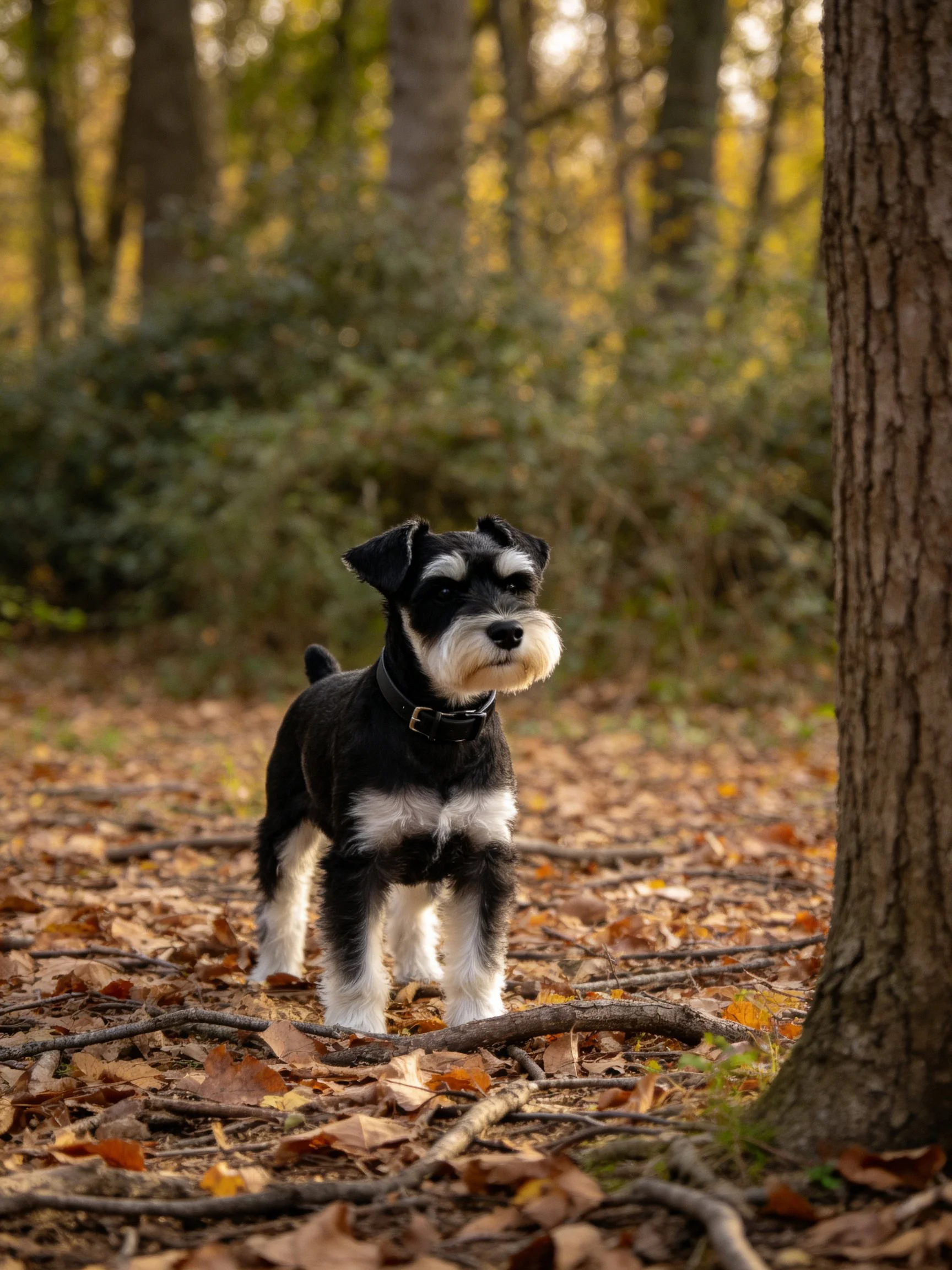 A small dog stands in an autumn forest with fallen leaves and trees.