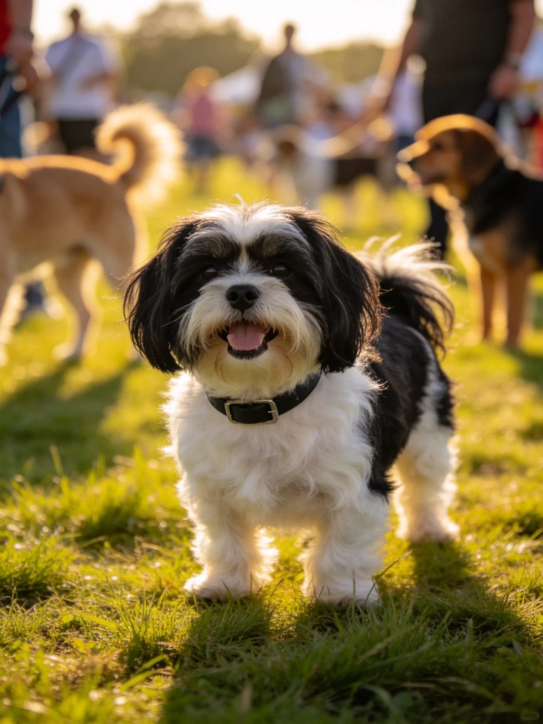 A black-and-white dog stands among other canines on a sunlit grassy field
