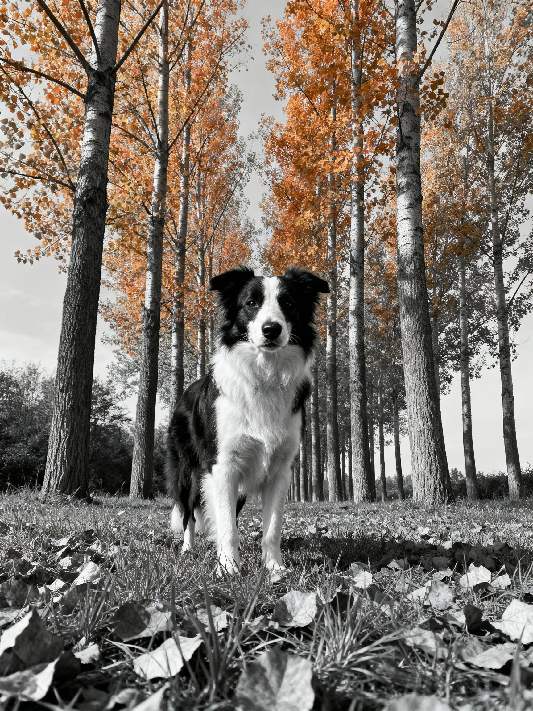 A black and white dog stands among tall autumn trees with orange leaves.
