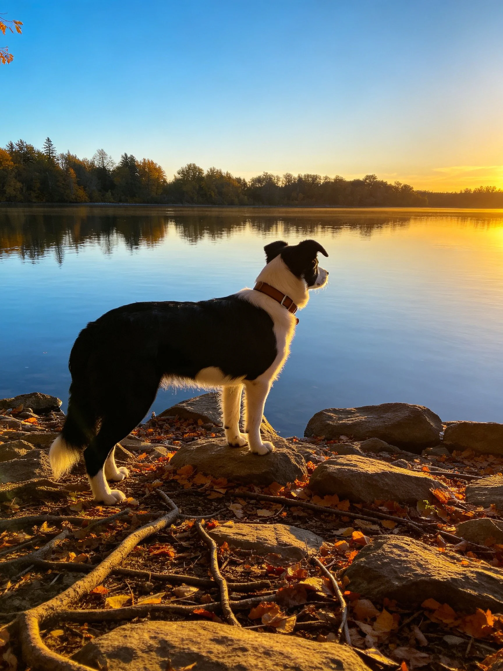 A black and white dog observes a calm lake during golden hour near rocky shores.