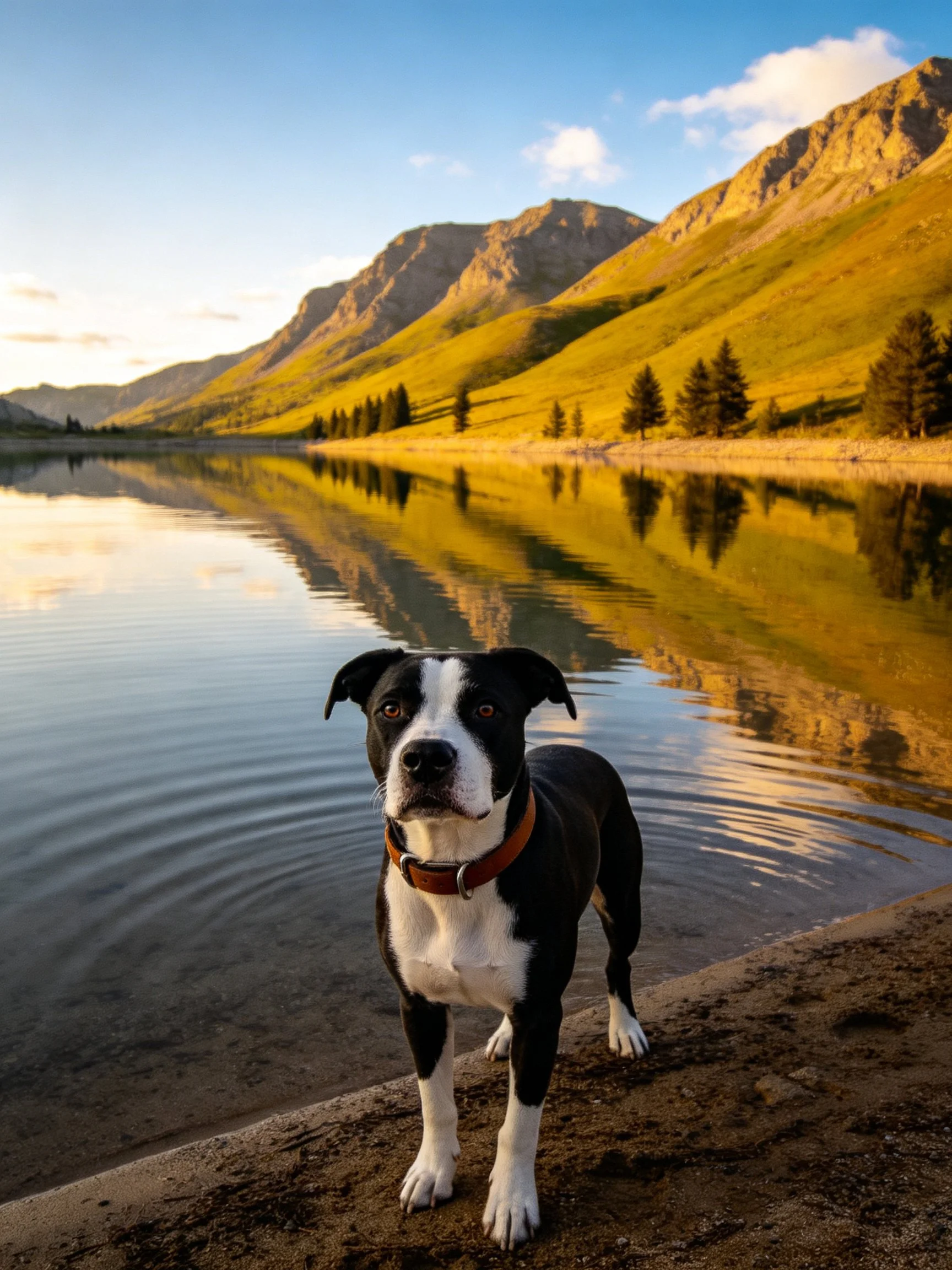 A black and white dog stands by a serene mountain lake reflecting golden hills
