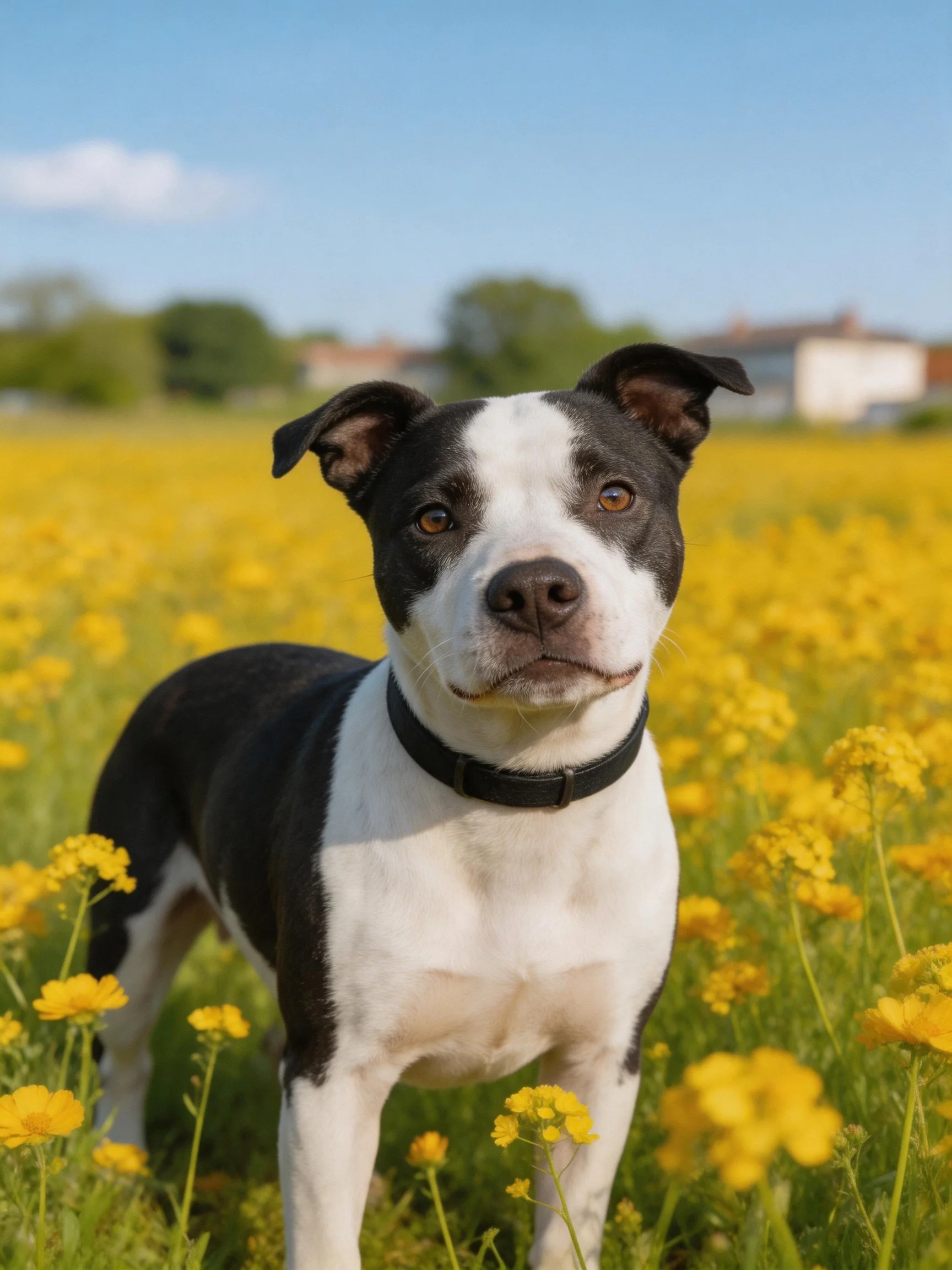 A black and white dog stands in a field of yellow flowers