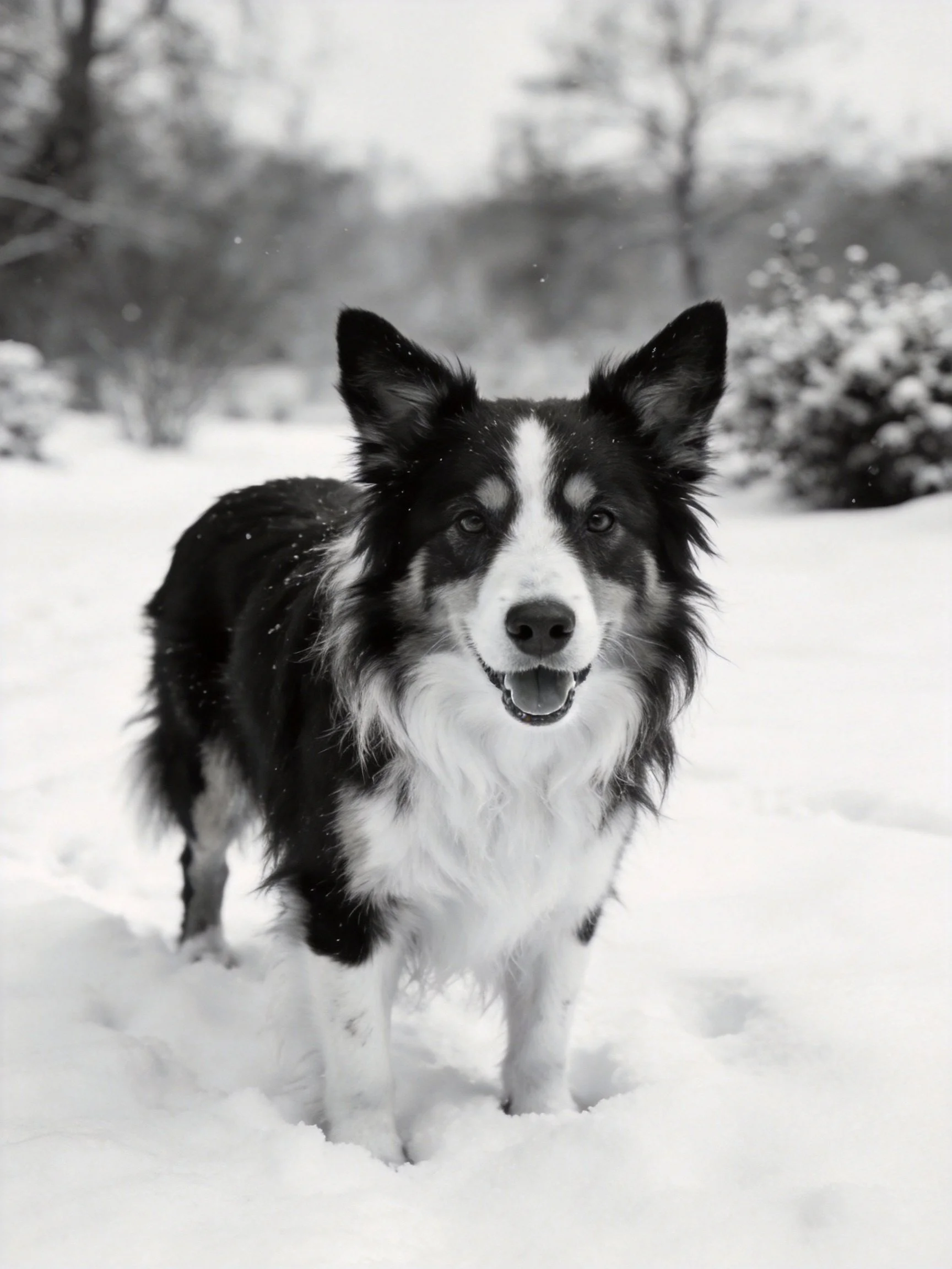 A black and white dog stands in deep snow among trees