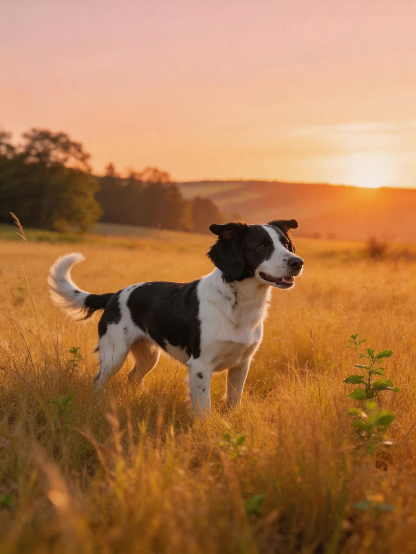A black and white dog stands in a sunlit meadow during the evening hours.