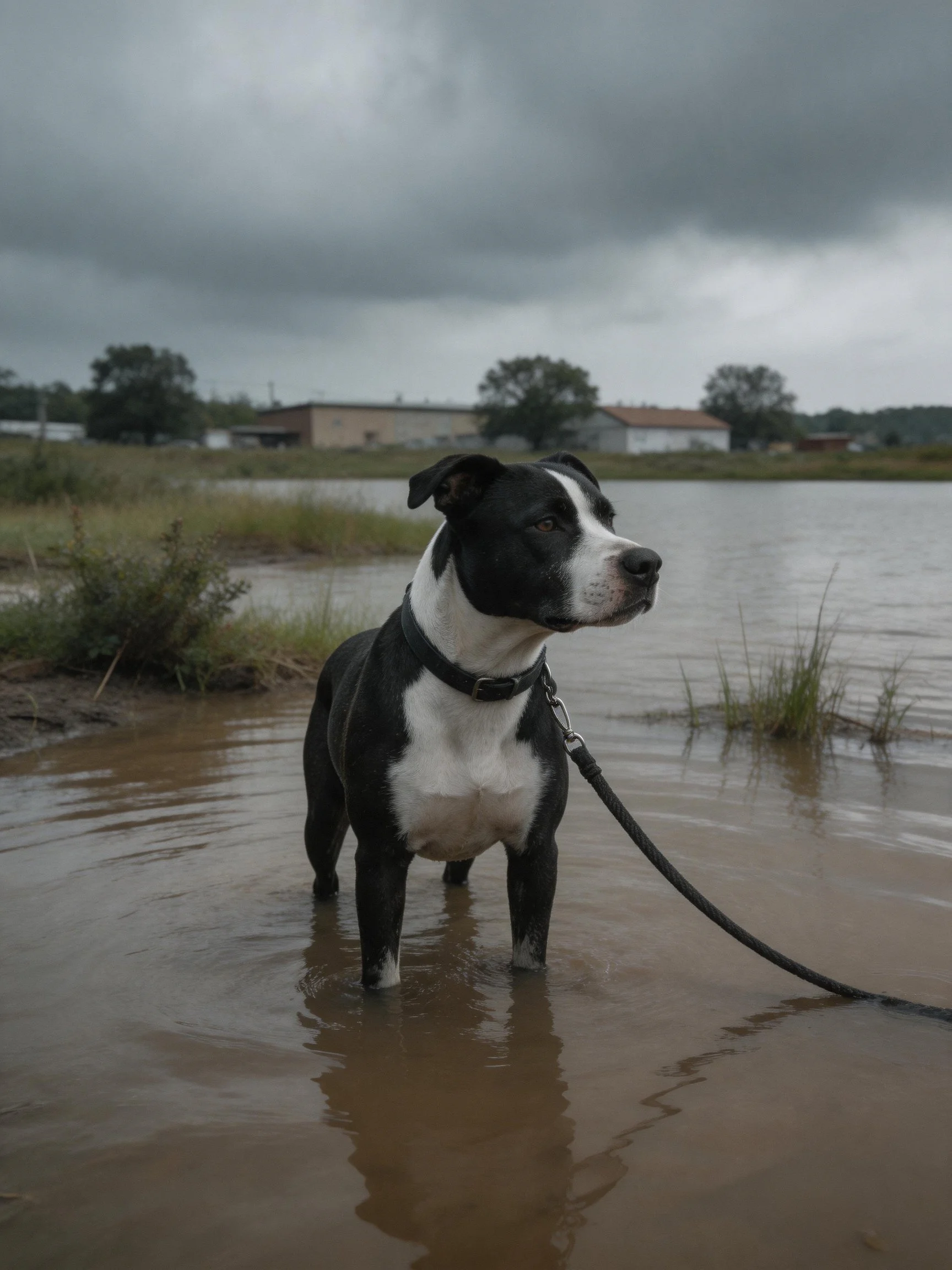 A black and white dog stands in muddy floodwater