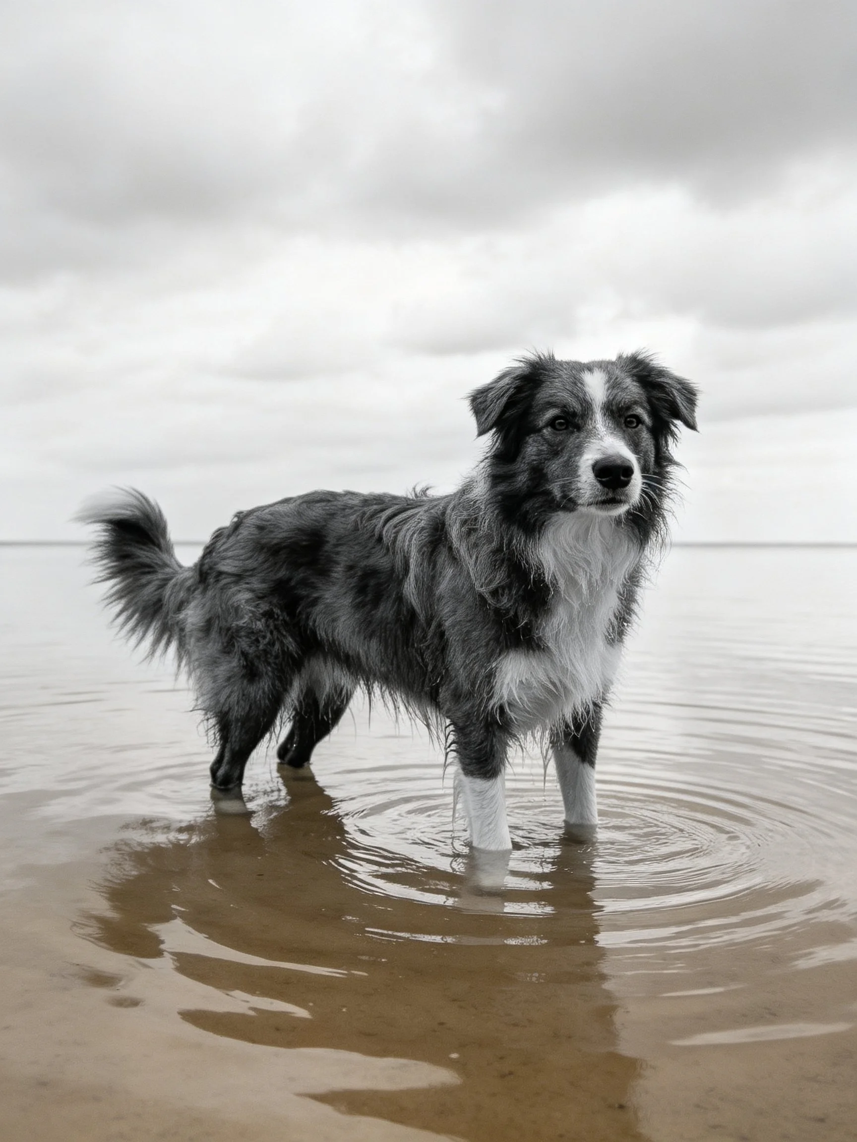 A black and white dog stands in shallow water near a shore under cloudy skies.