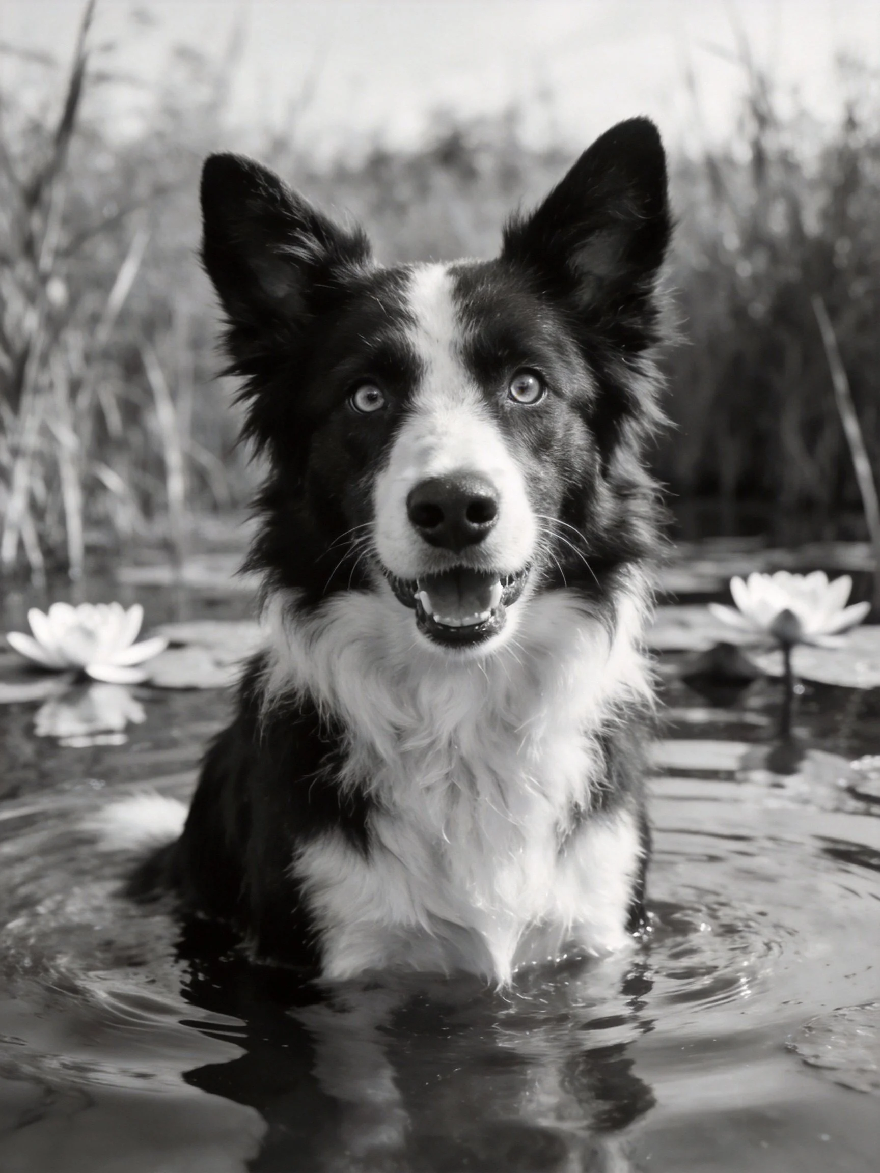 A black and white dog stands in shallow water near lily pads