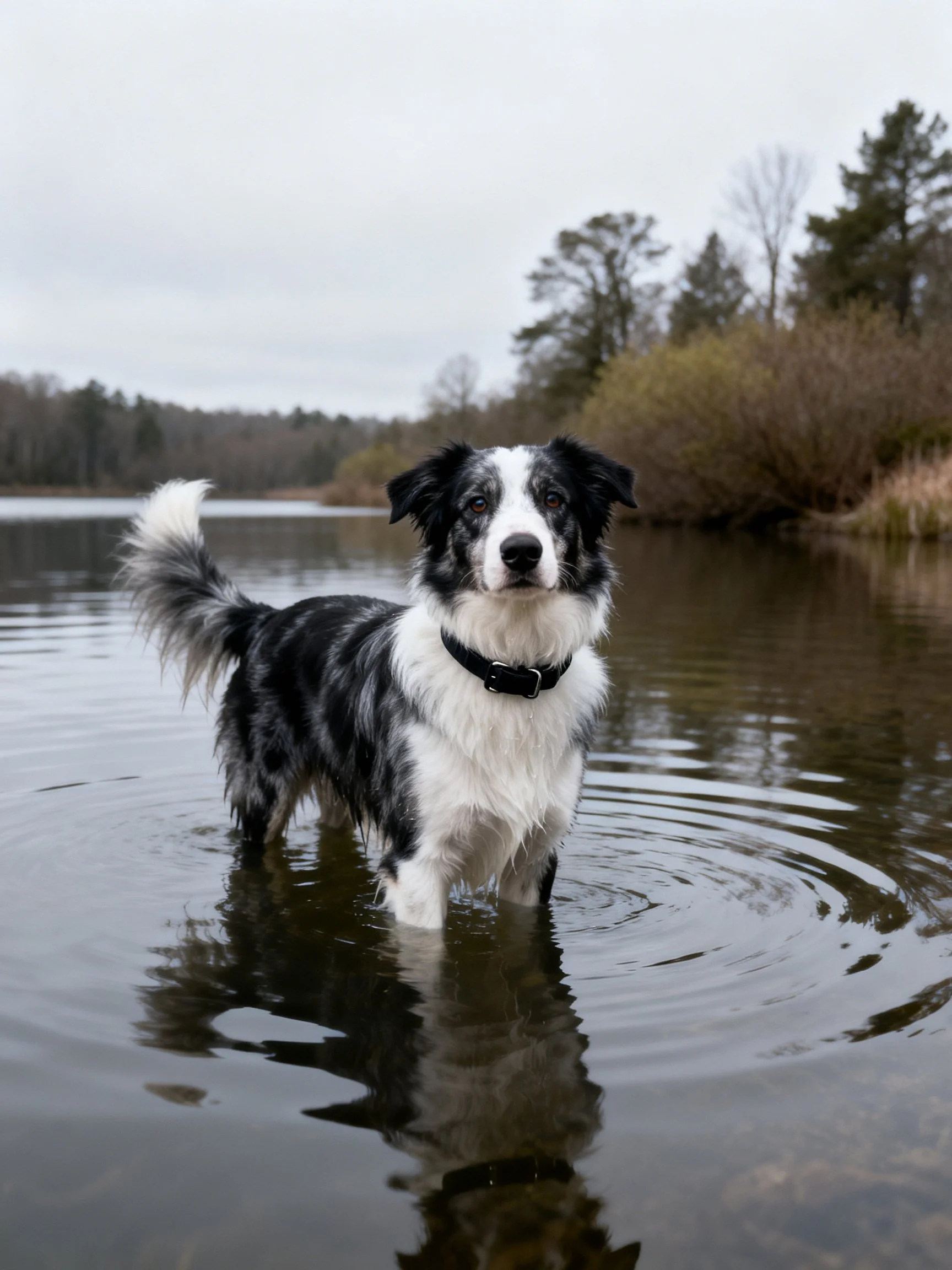 A black and white dog stands in shallow water near trees