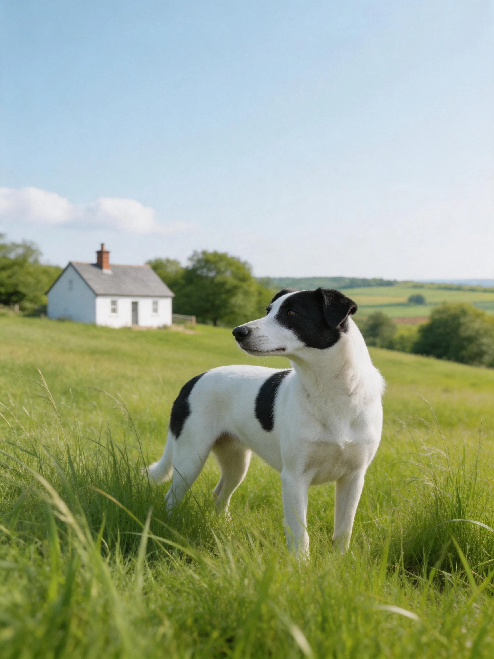 A black - and - white dog stands in tall green grass near a small white cottage