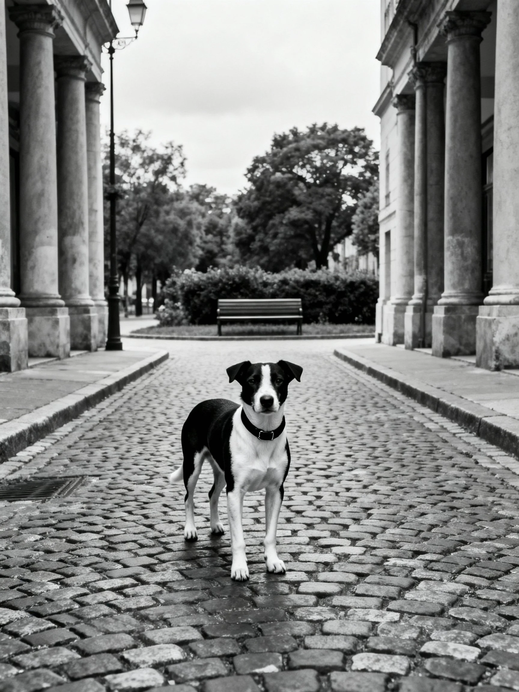 A black and white dog stands on a cobblestone path between old buildings