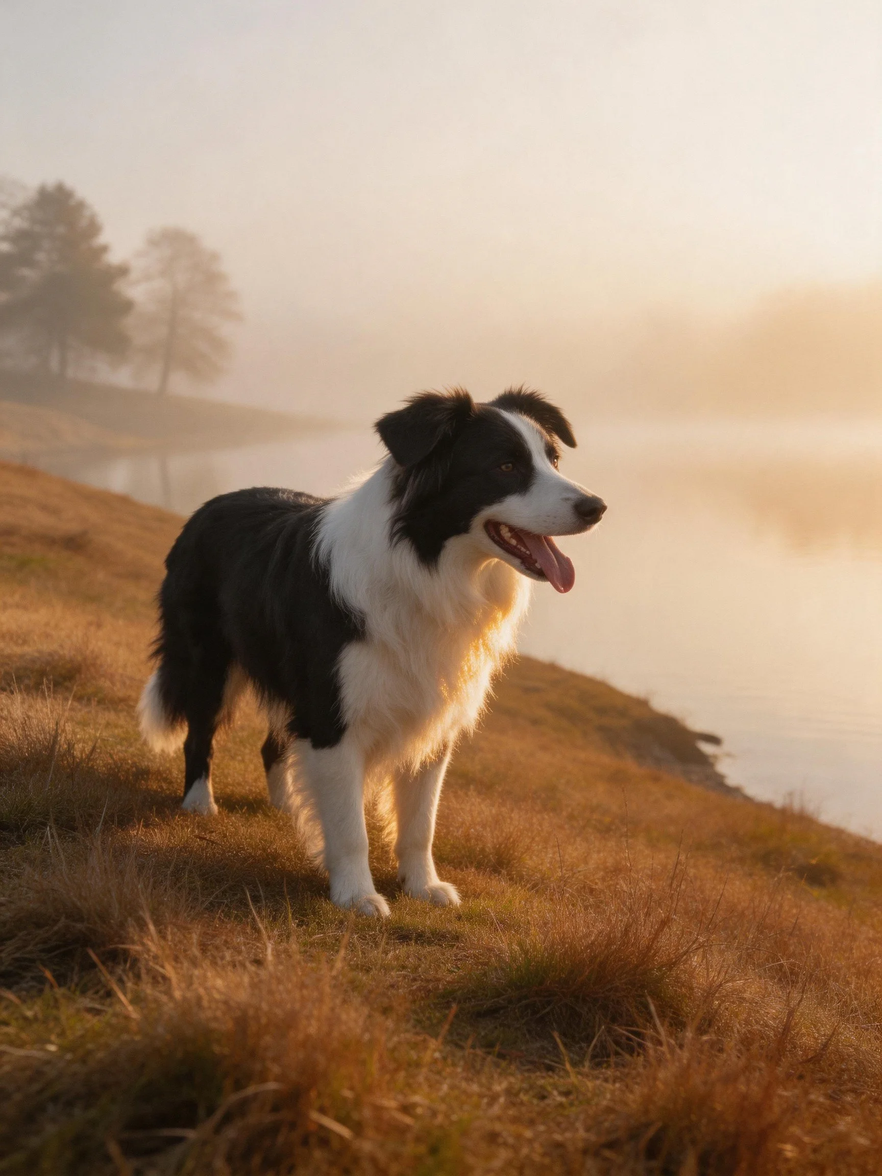 A black and white dog stands on a golden hillside by a misty lake