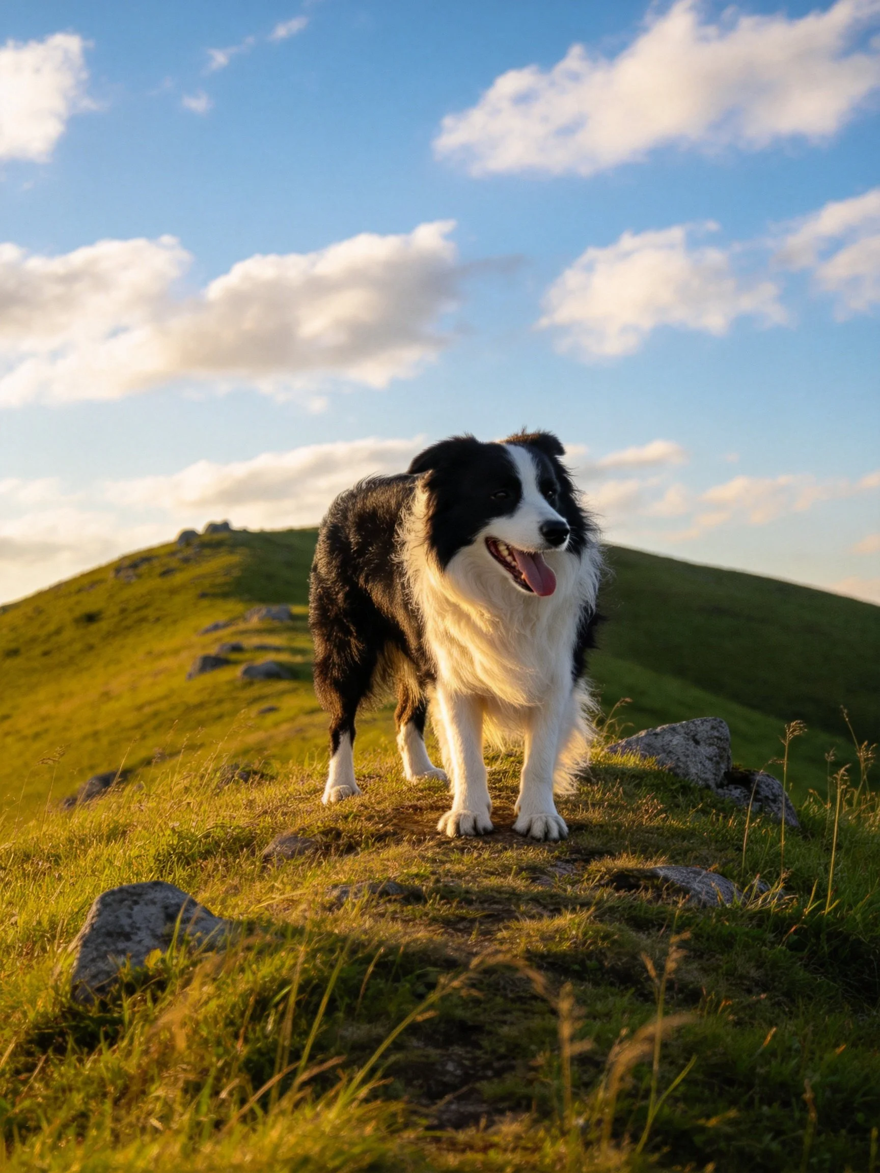 A black and white dog stands on a grassy hillside under a bright sky.