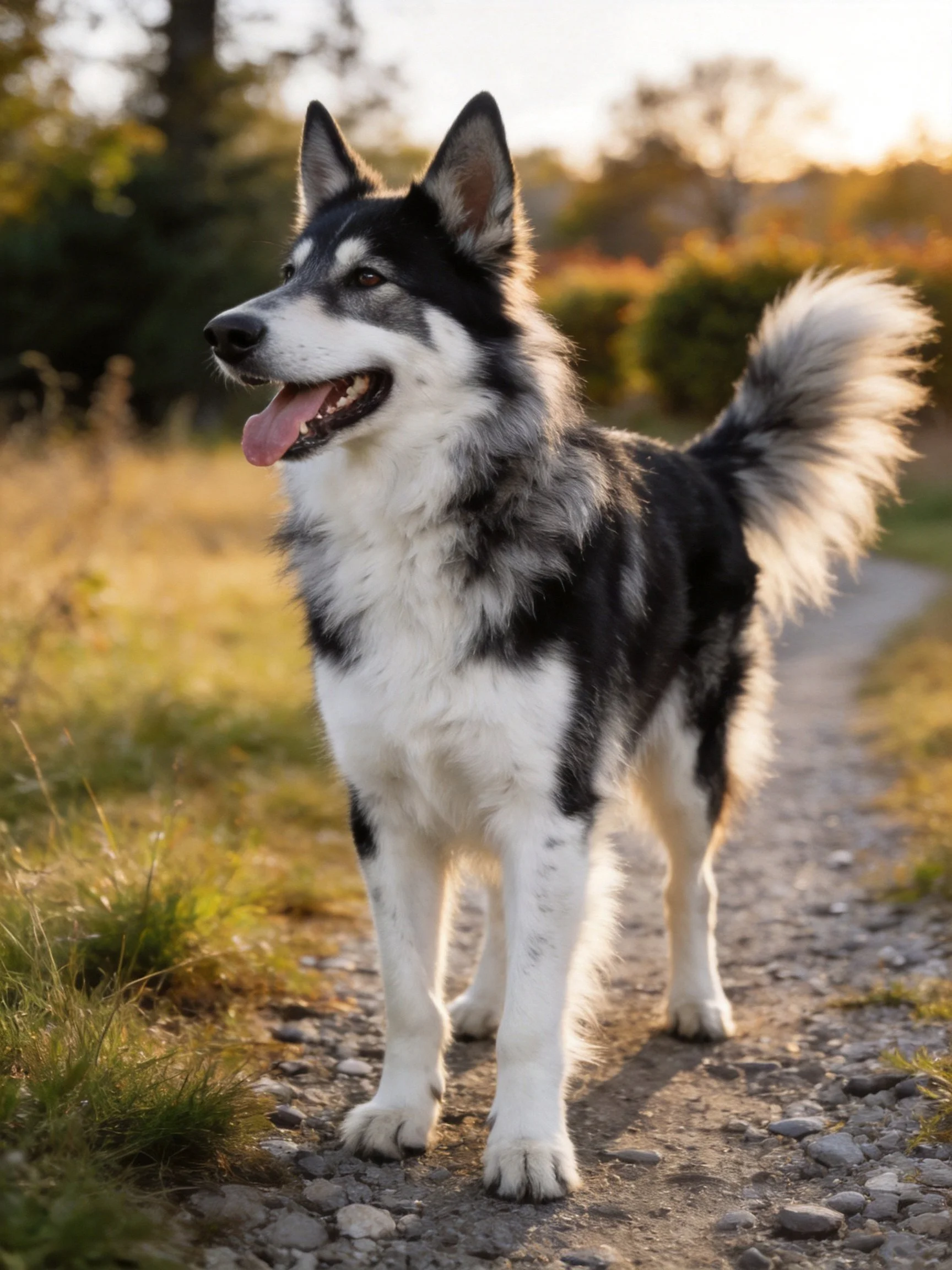 A black and white dog stands on a gravel path surrounded by nature at sunset