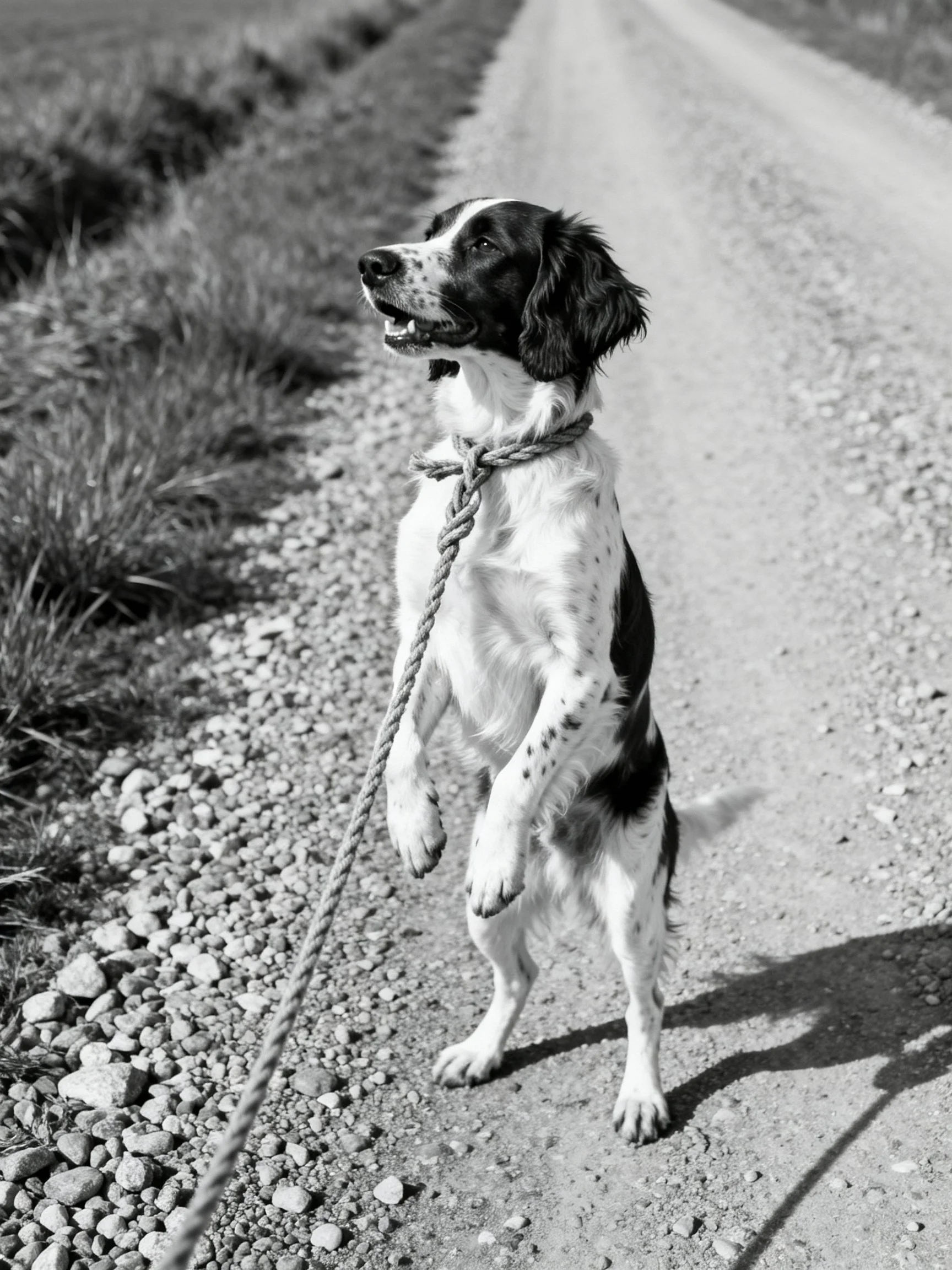 A black and white dog stands on a gravel path with a rope.
