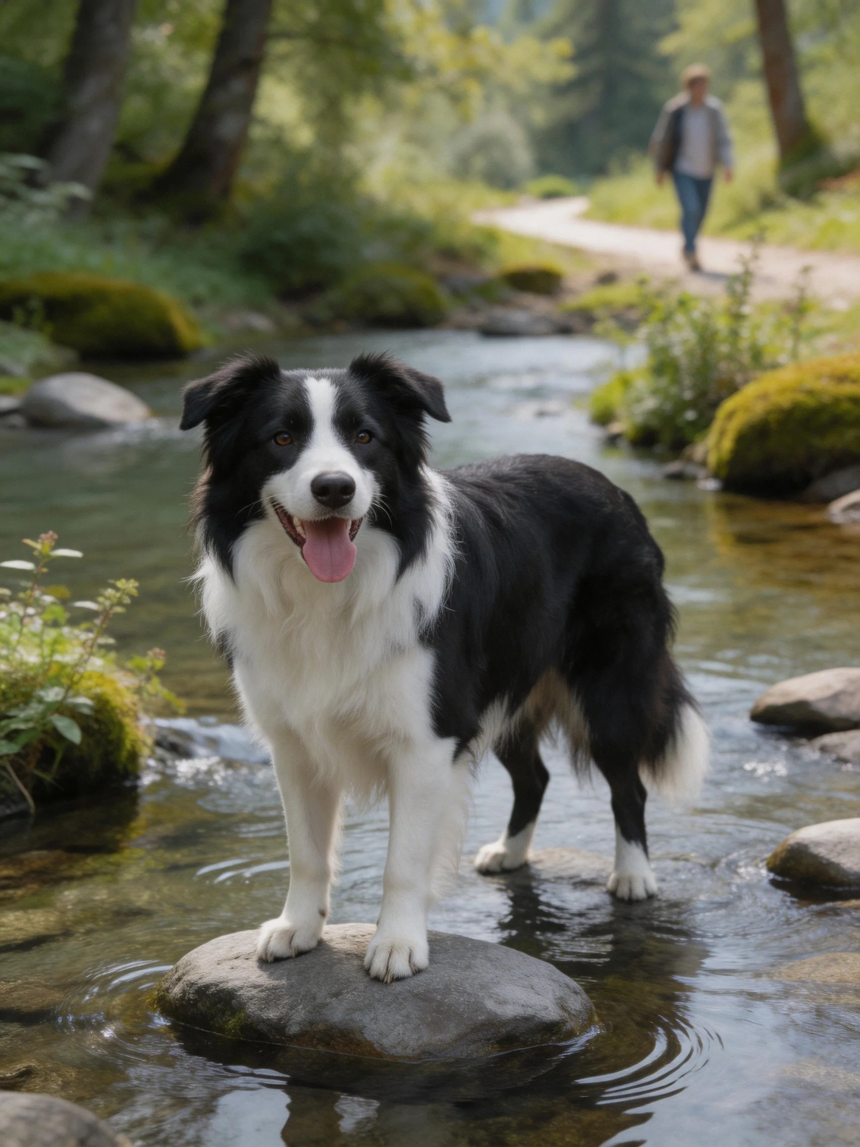 A black and white dog stands on a moss-covered rock in a forest stream