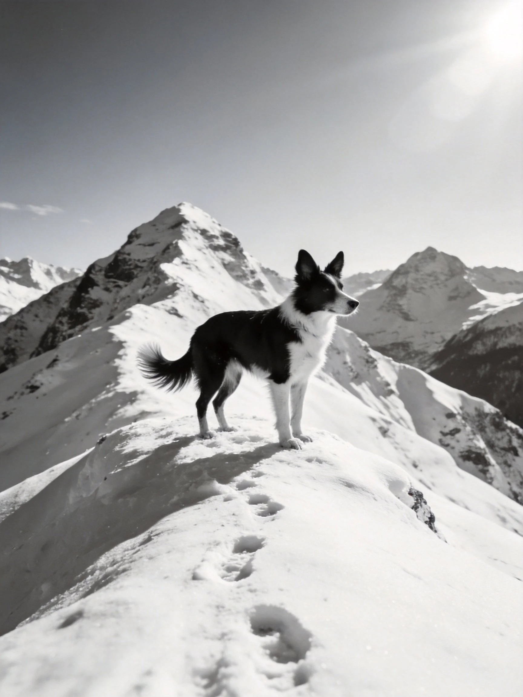 A black and white dog stands on a snowy mountain ridge
