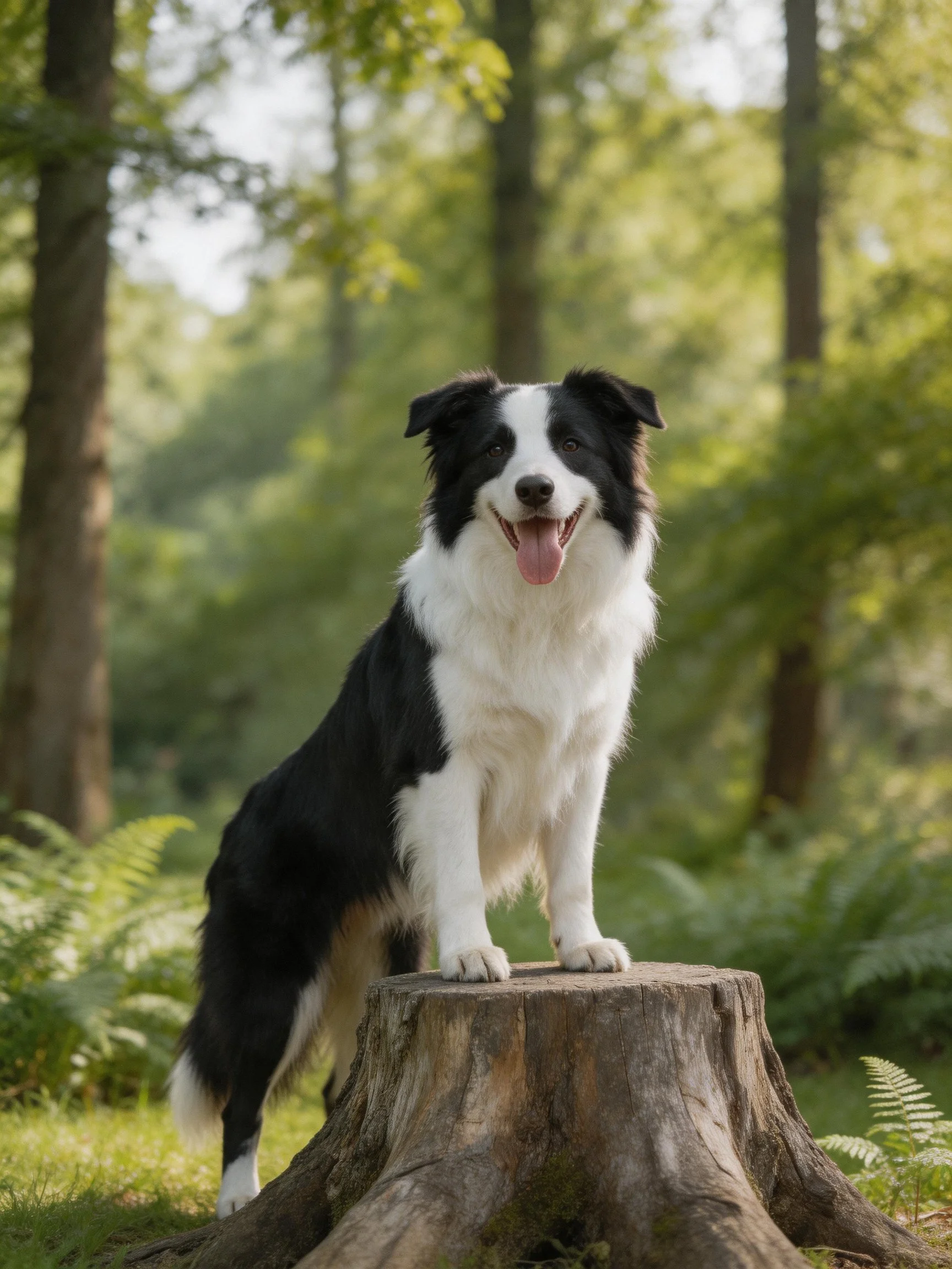 A black - and - white dog stands on a weathered tree stump in a sunlit forest