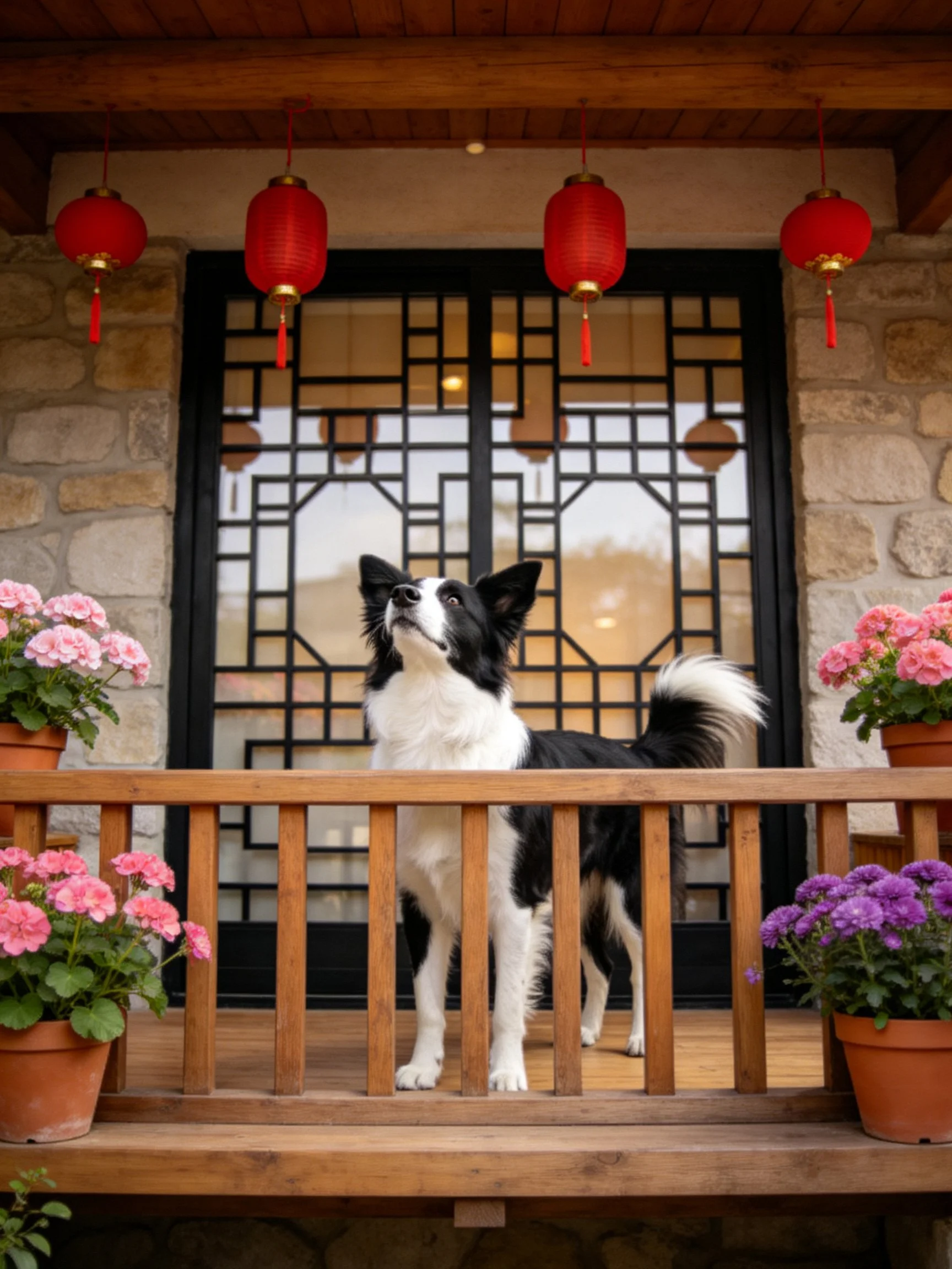 A black-and-white dog stands on a wooden porch with four red lanterns and colorful flower pots.