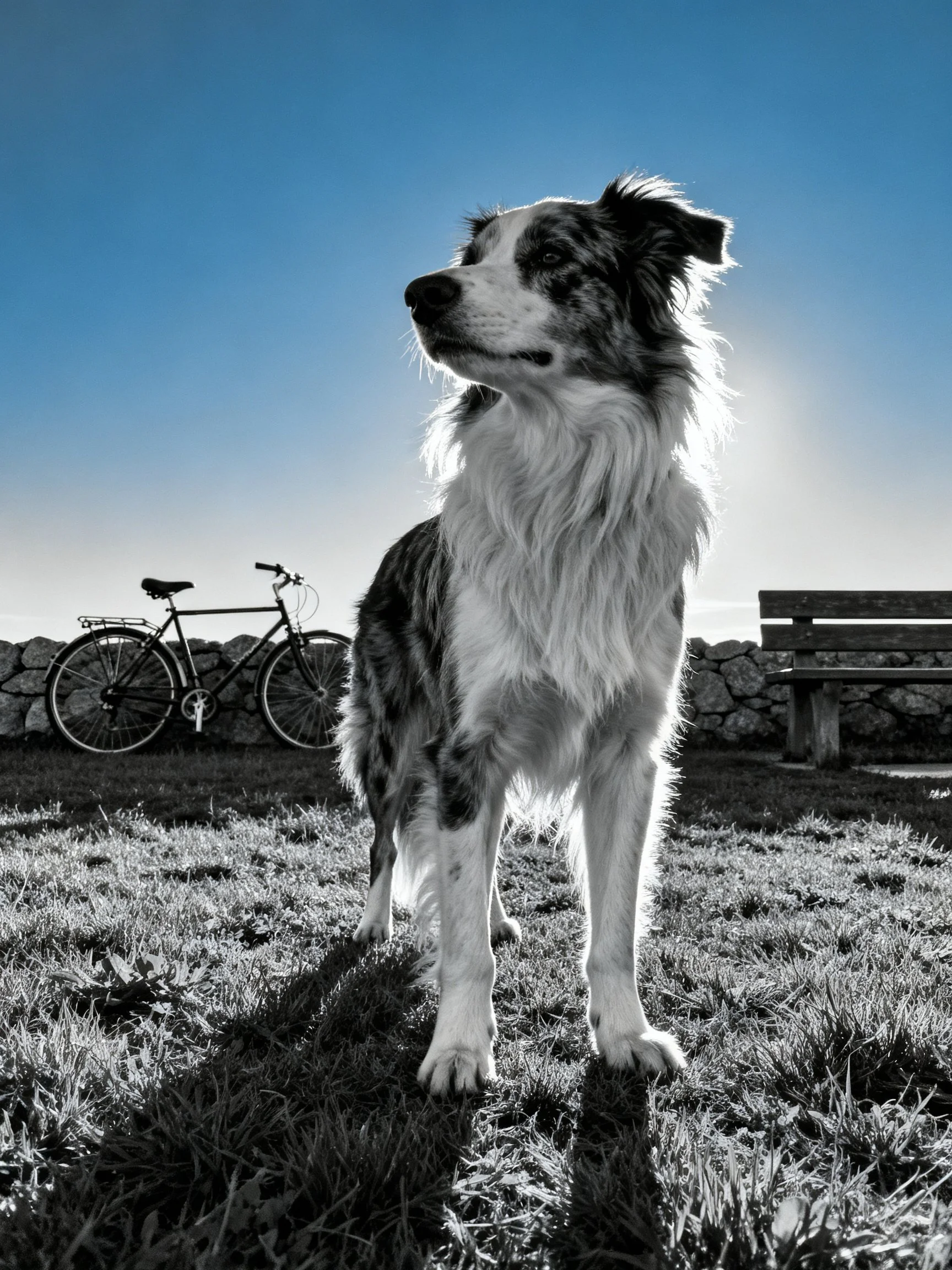 A black and white dog stands outdoors near a bicycle and bench.