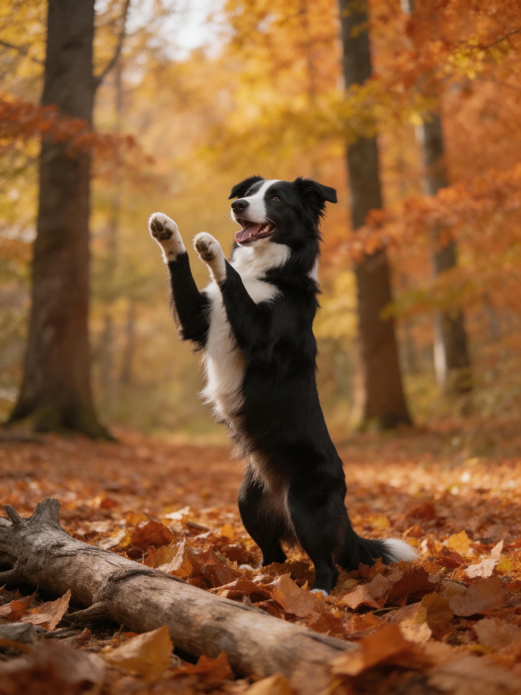 A black and white dog stands on hind legs in a sunlit autumn forest with fallen leaves.