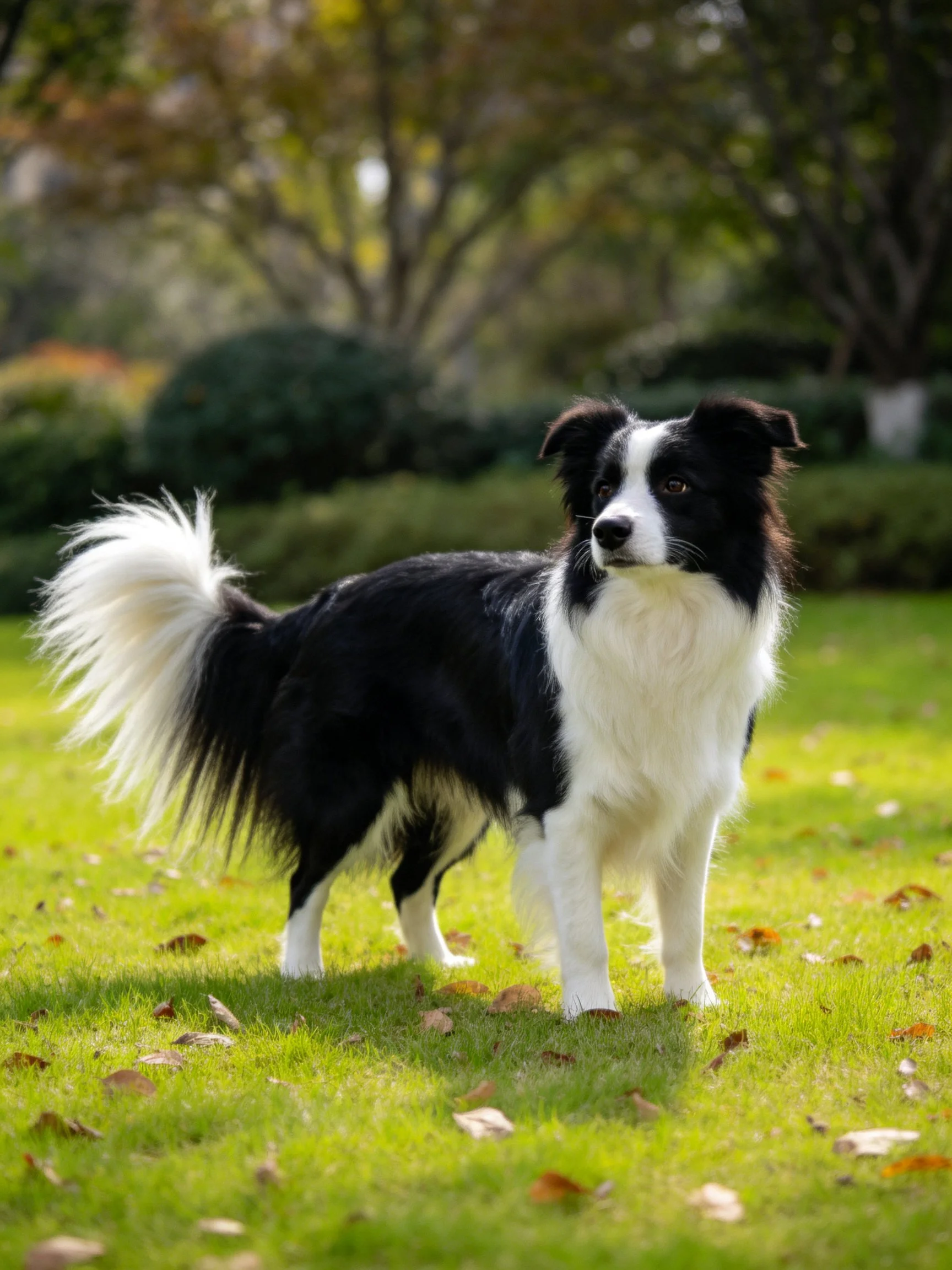 A black and white dog stands on lush green grass amid trees and shrubs