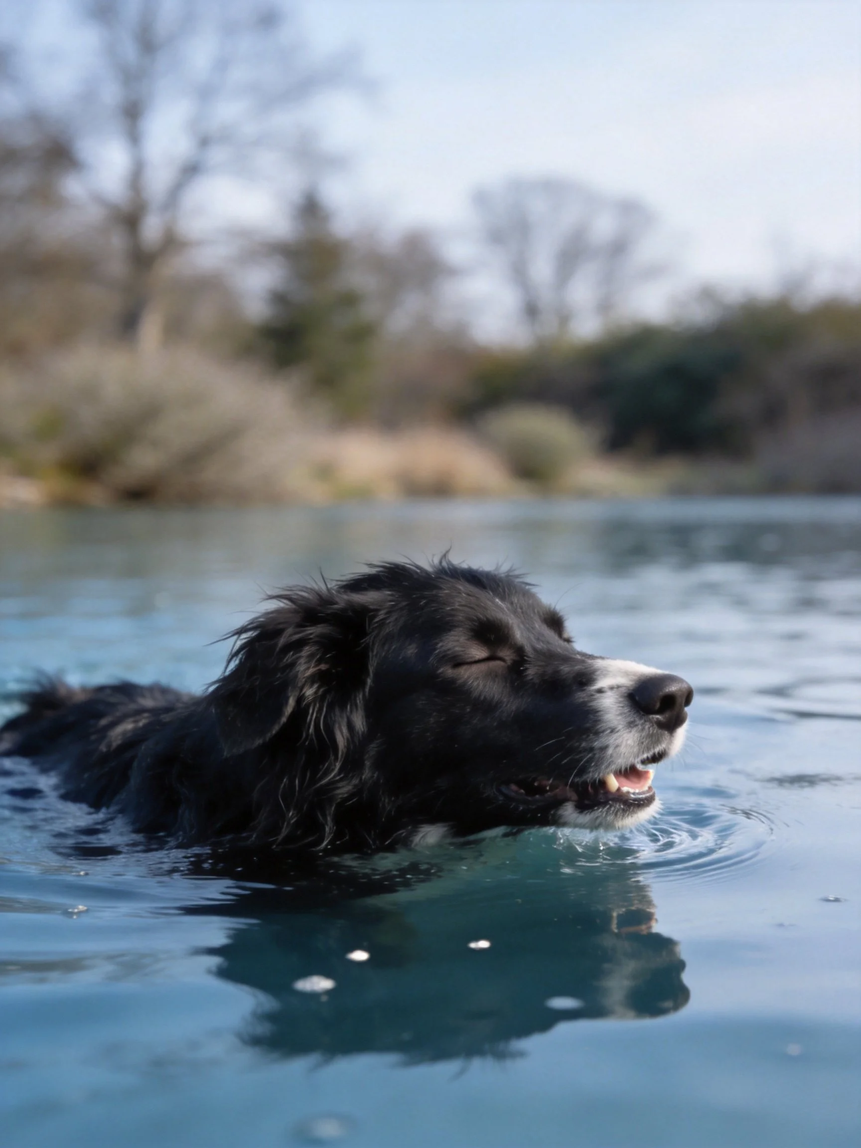 A black and white dog swims peacefully in calm water with a wooded area behind.