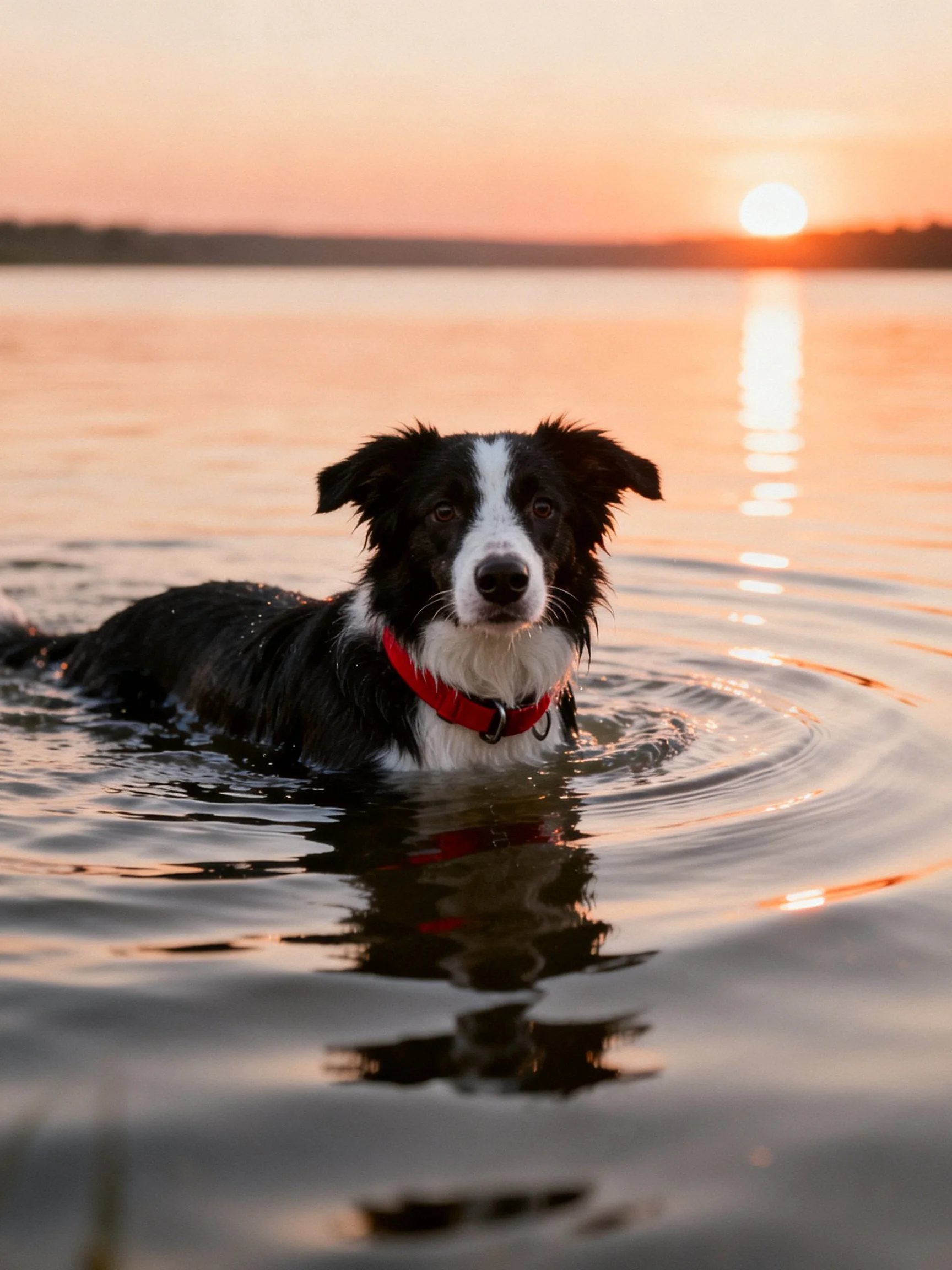 A black and white dog with a red collar swims in calm water during sunset.