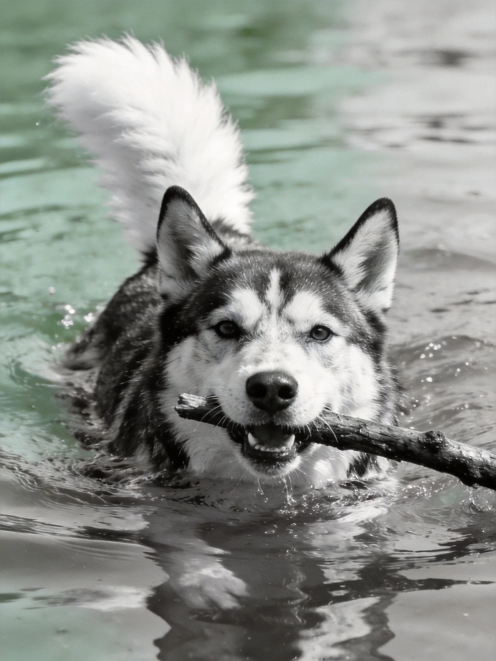 A black-and-white dog swims through water while carrying a branch
