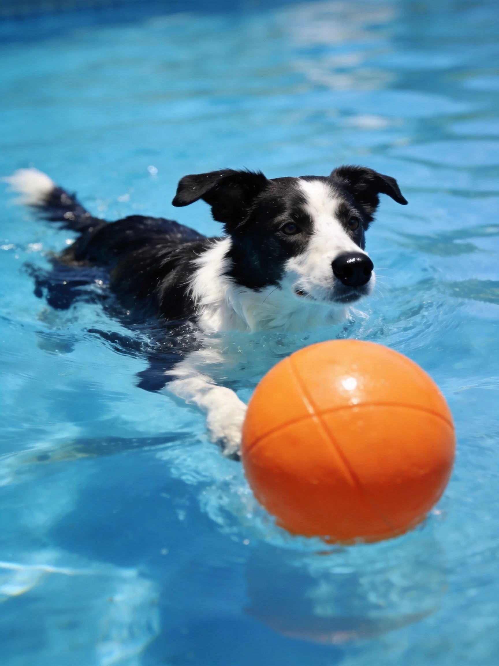 A black and white dog plays with an orange ball in a pool of clear blue water.