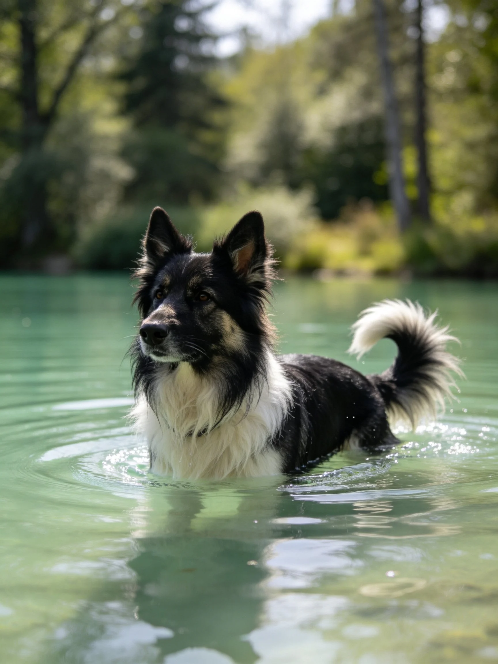 A black and white dog wading in clear green water