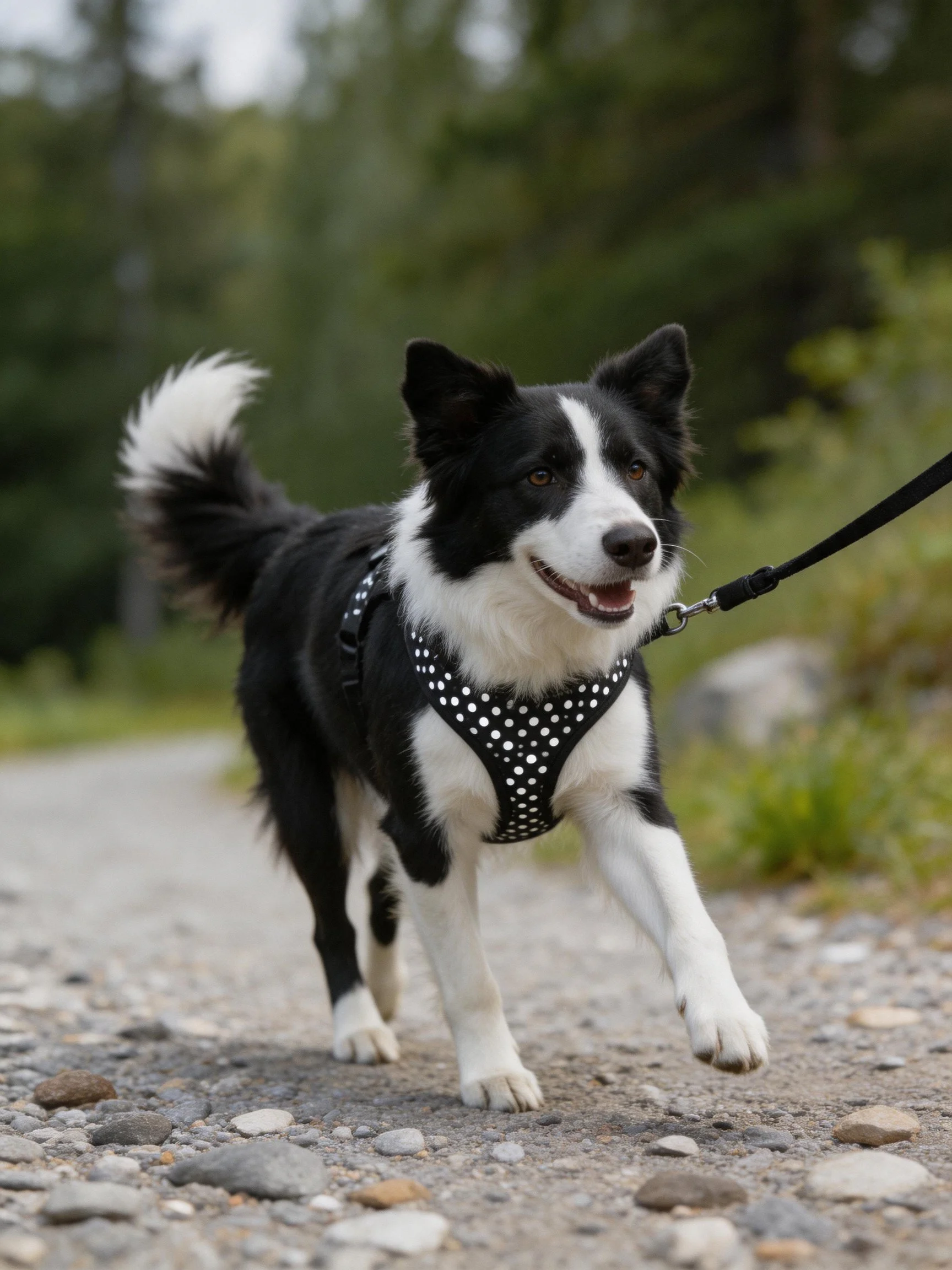 A black and white dog walks on a gravel path in nature